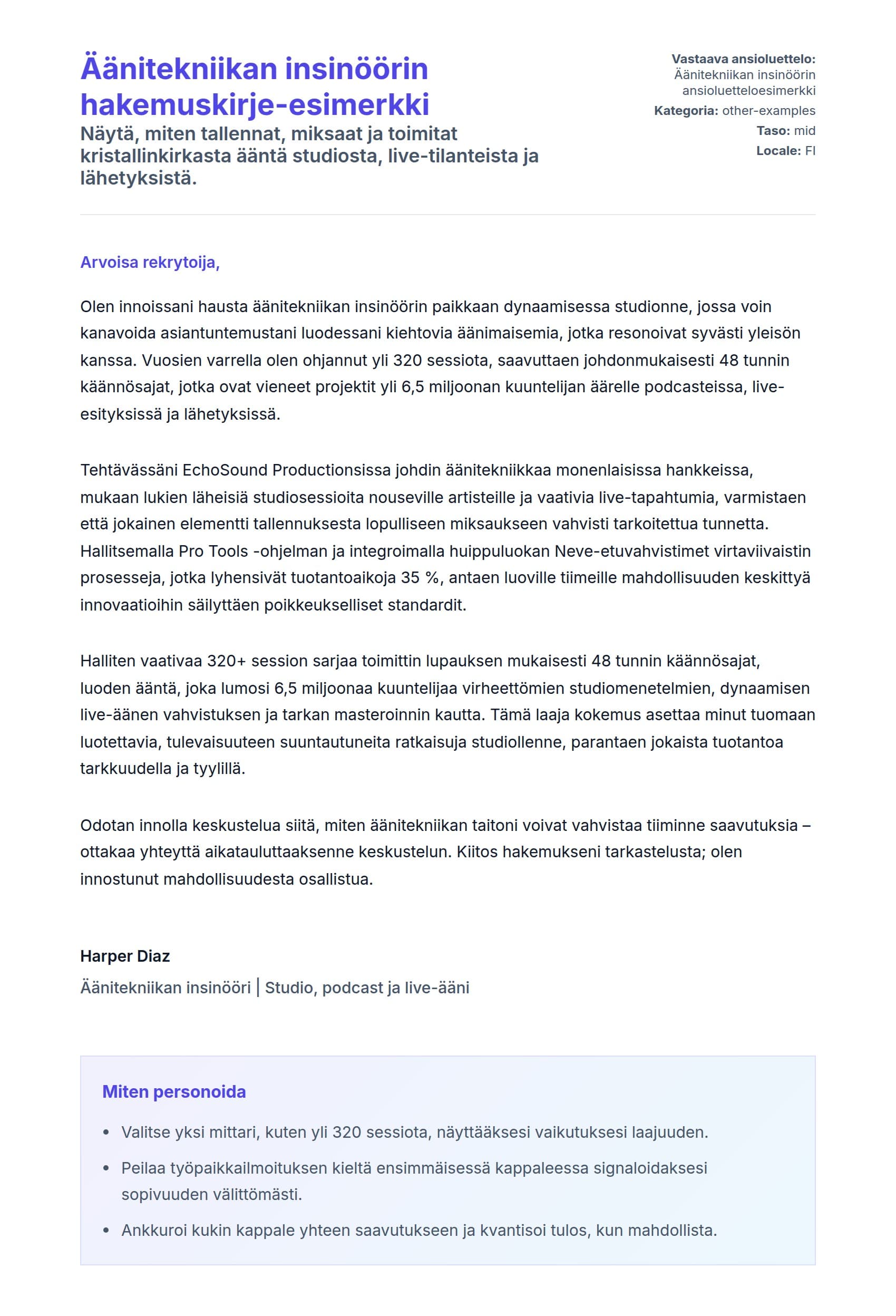 Työhakemuskirjeen esikatselu kohteelle Äänitekniikan insinöörin hakemuskirje-esimerkki