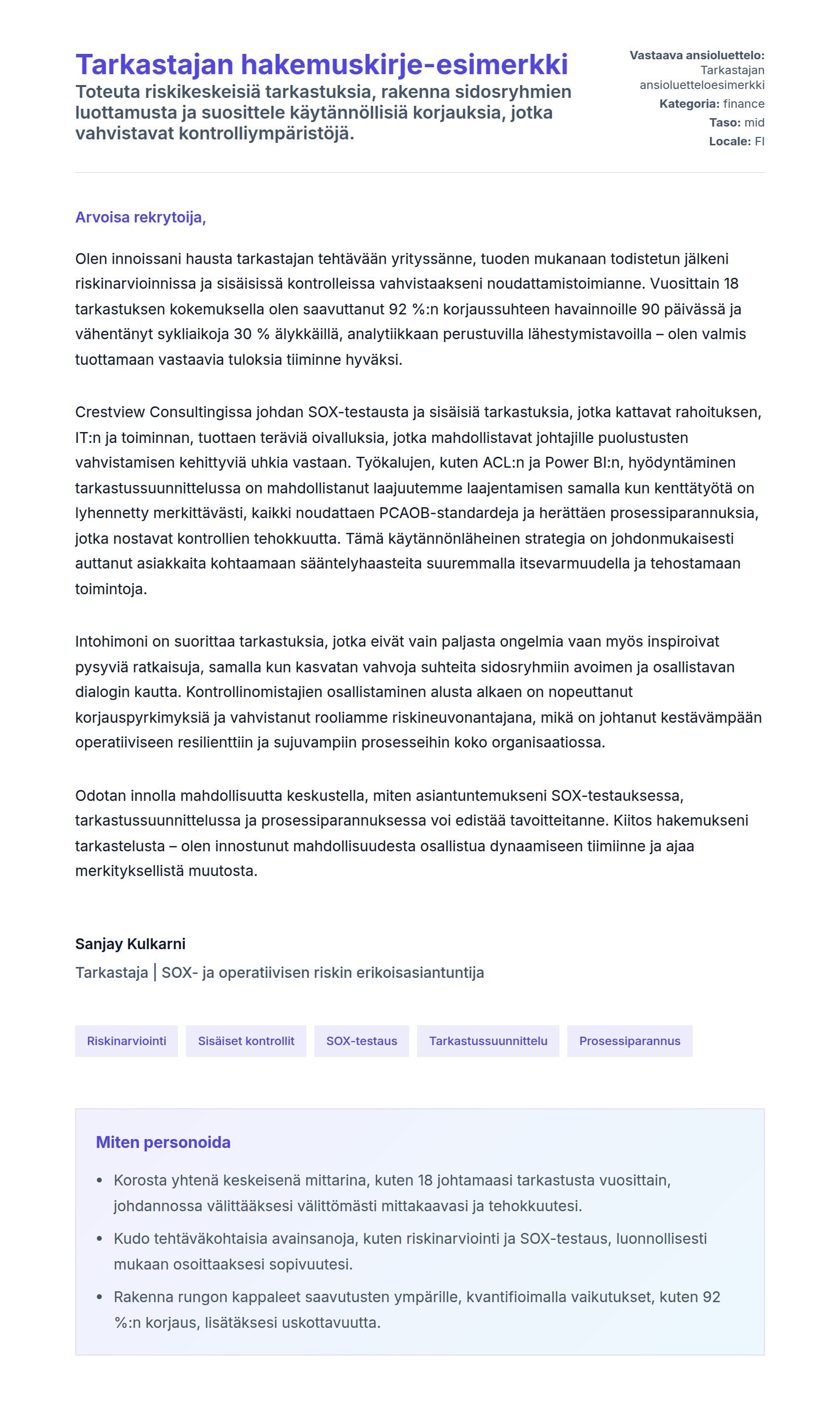 Työhakemuskirjeen esikatselu kohteelle Tarkastajan hakemuskirje-esimerkki