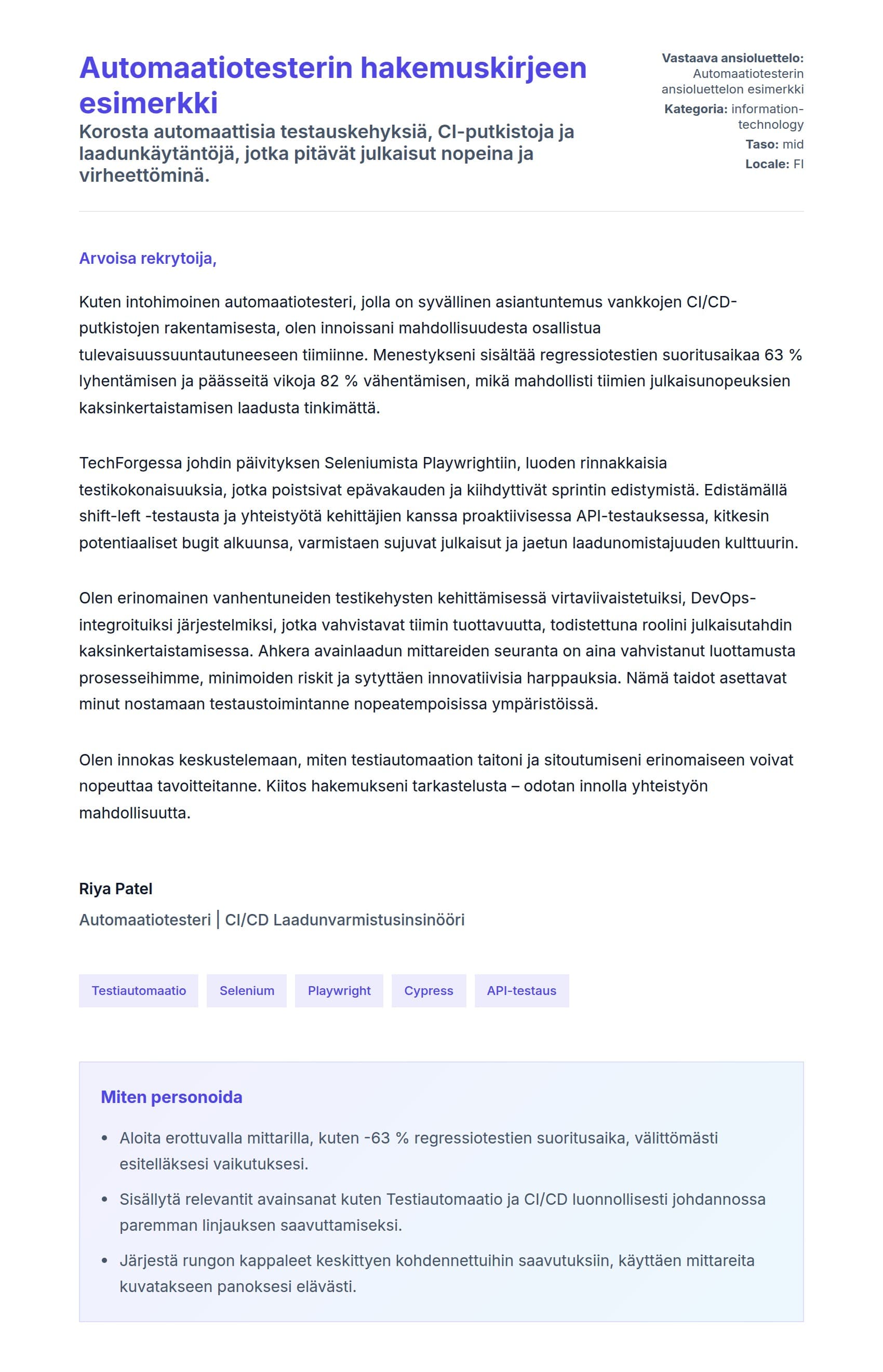 Työhakemuskirjeen esikatselu kohteelle Automaatiotesterin hakemuskirjeen esimerkki
