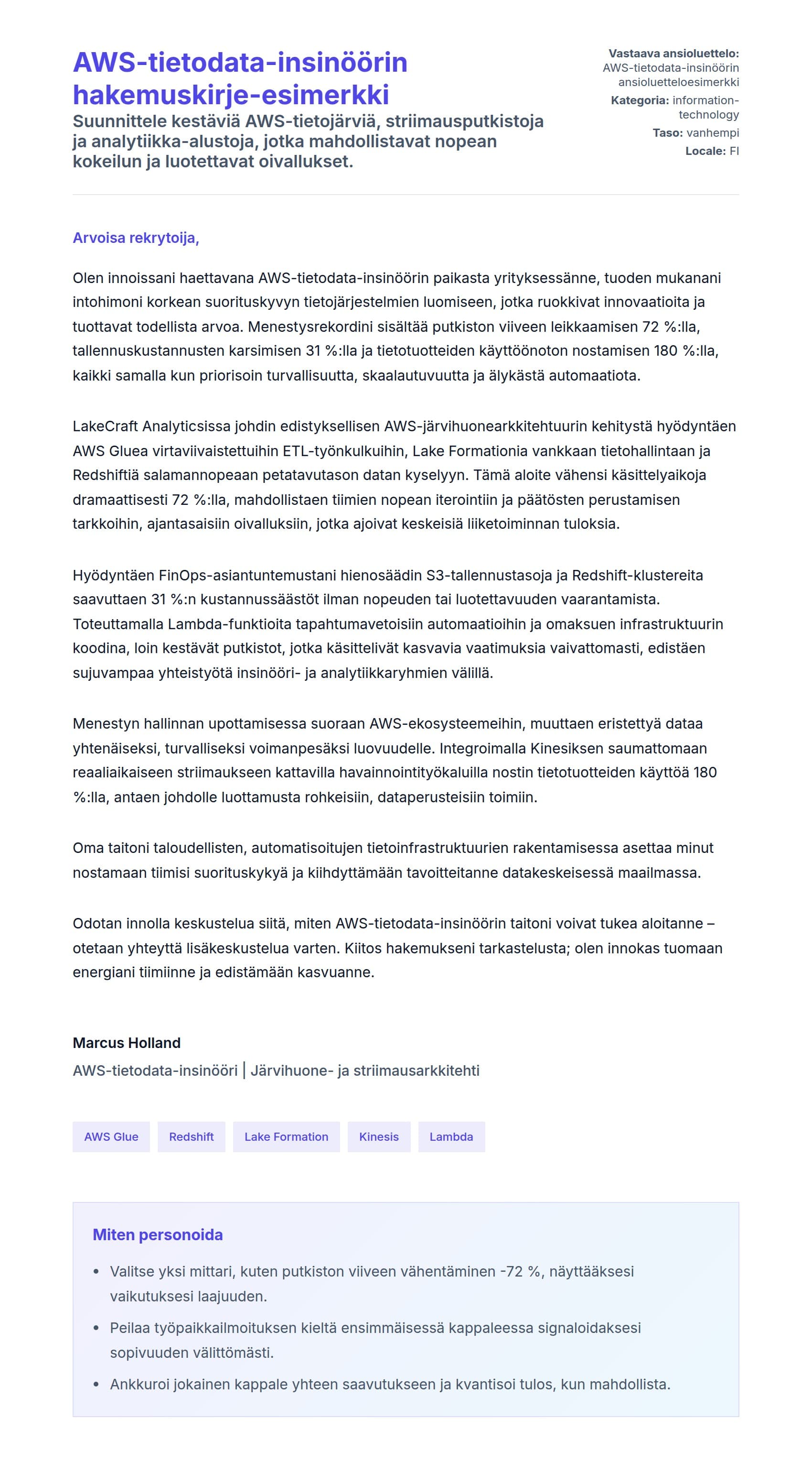 Työhakemuskirjeen esikatselu kohteelle AWS-tietodata-insinöörin hakemuskirje-esimerkki