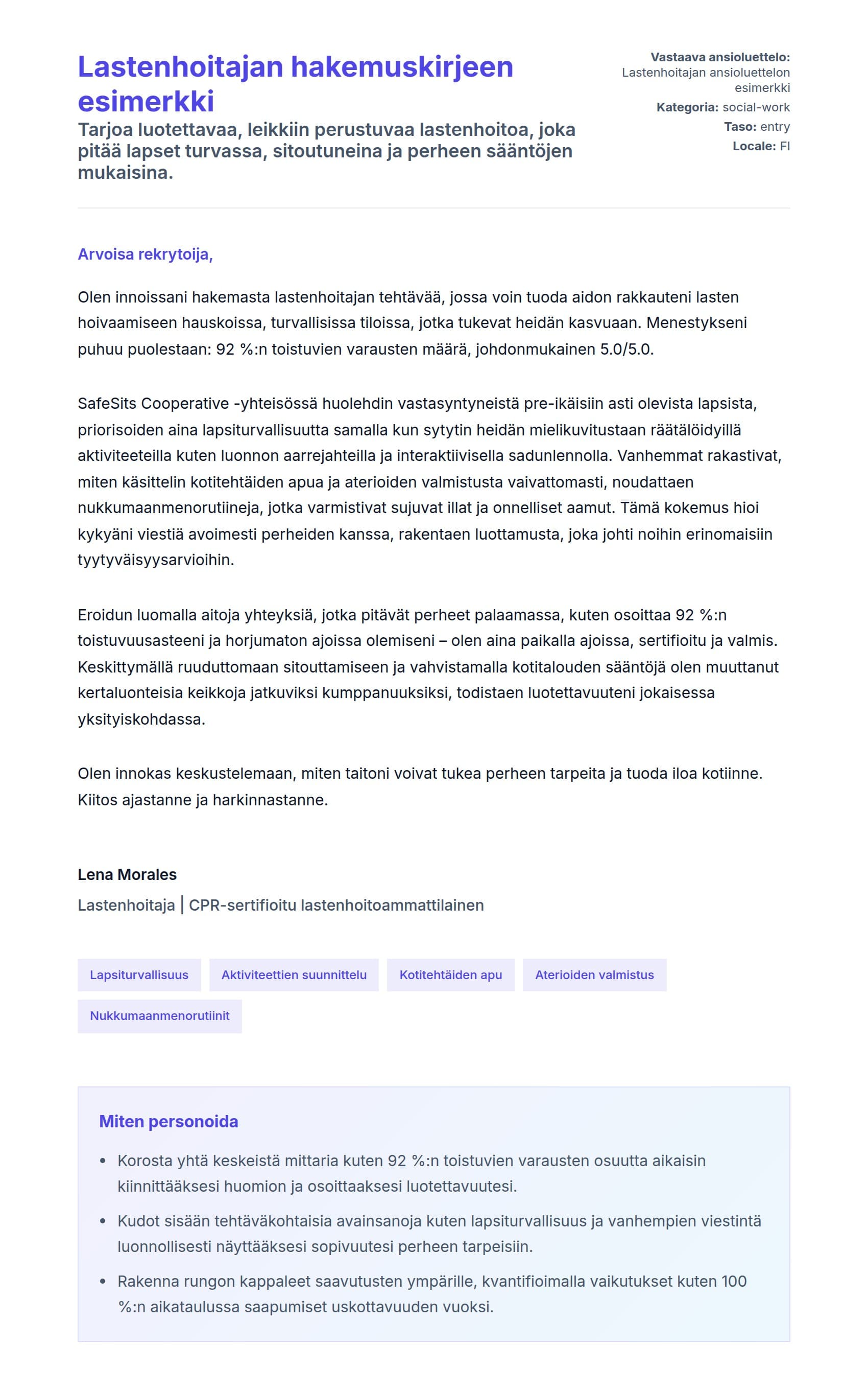 Työhakemuskirjeen esikatselu kohteelle Lastenhoitajan hakemuskirjeen esimerkki