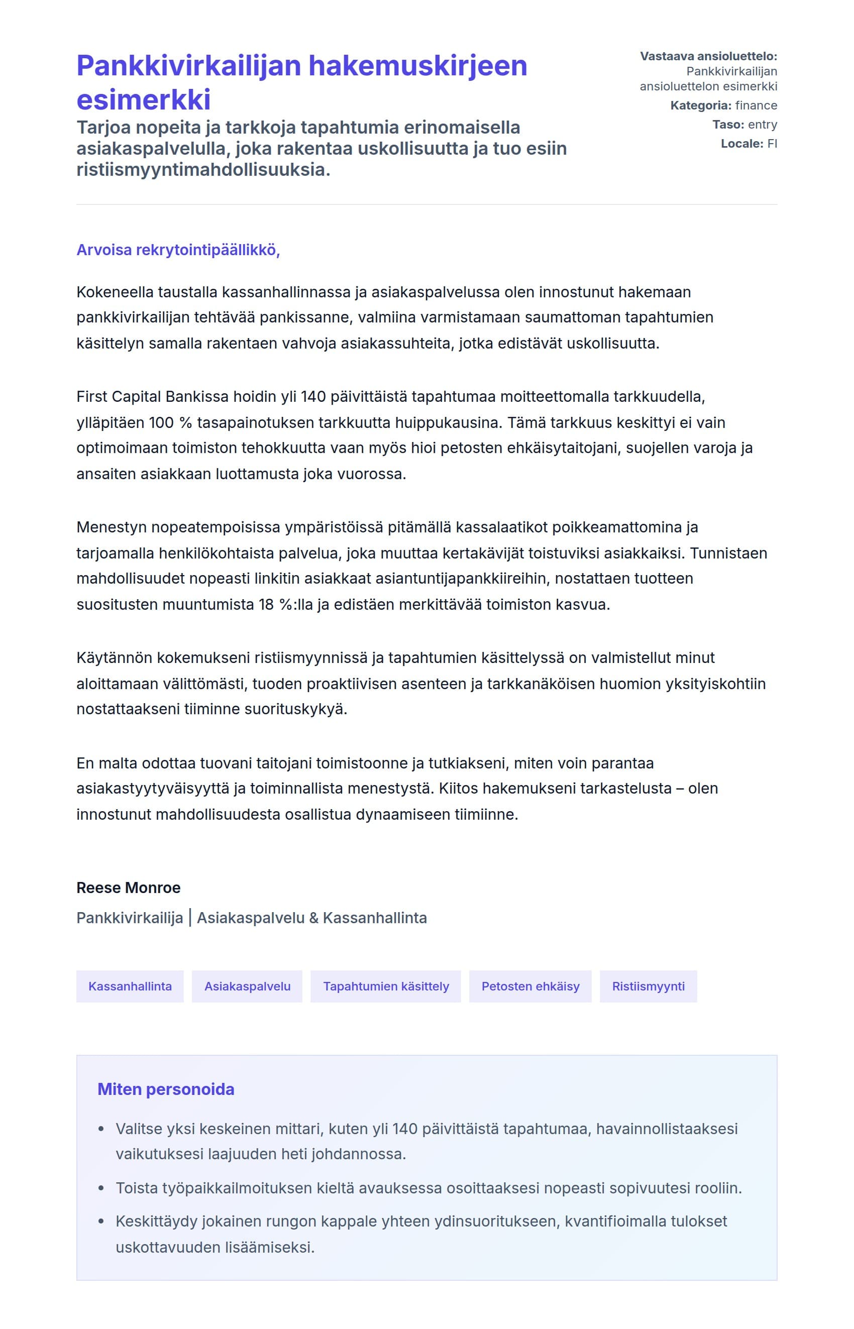 Työhakemuskirjeen esikatselu kohteelle Pankkivirkailijan hakemuskirjeen esimerkki