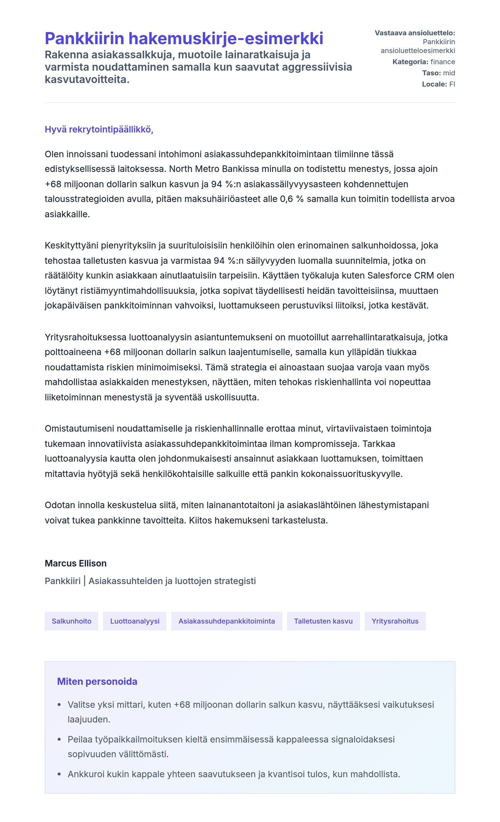 Työhakemuskirjeen esikatselu kohteelle Pankkiirin hakemuskirje-esimerkki