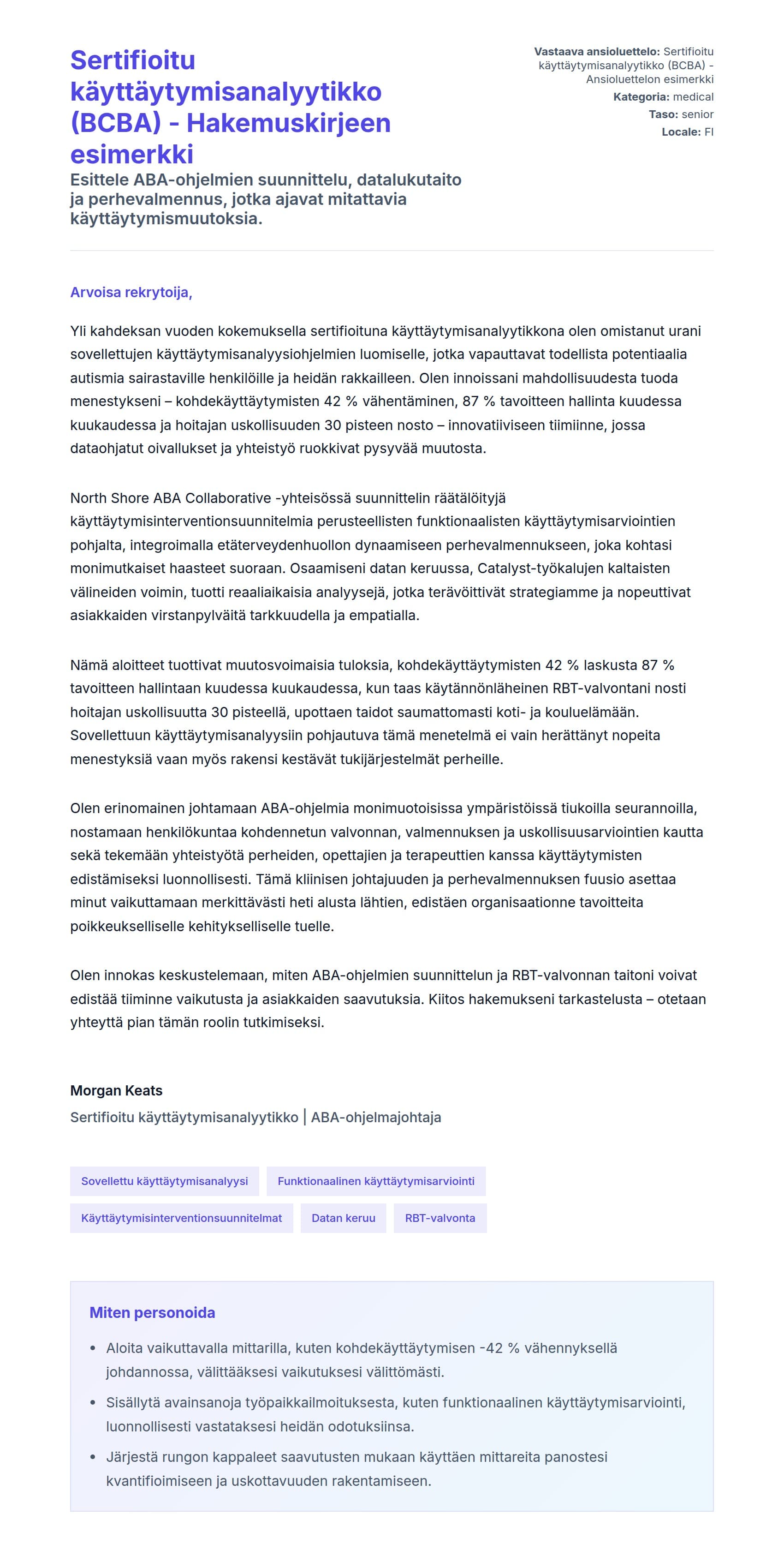 Työhakemuskirjeen esikatselu kohteelle Sertifioitu käyttäytymisanalyytikko (BCBA) - Hakemuskirjeen esimerkki