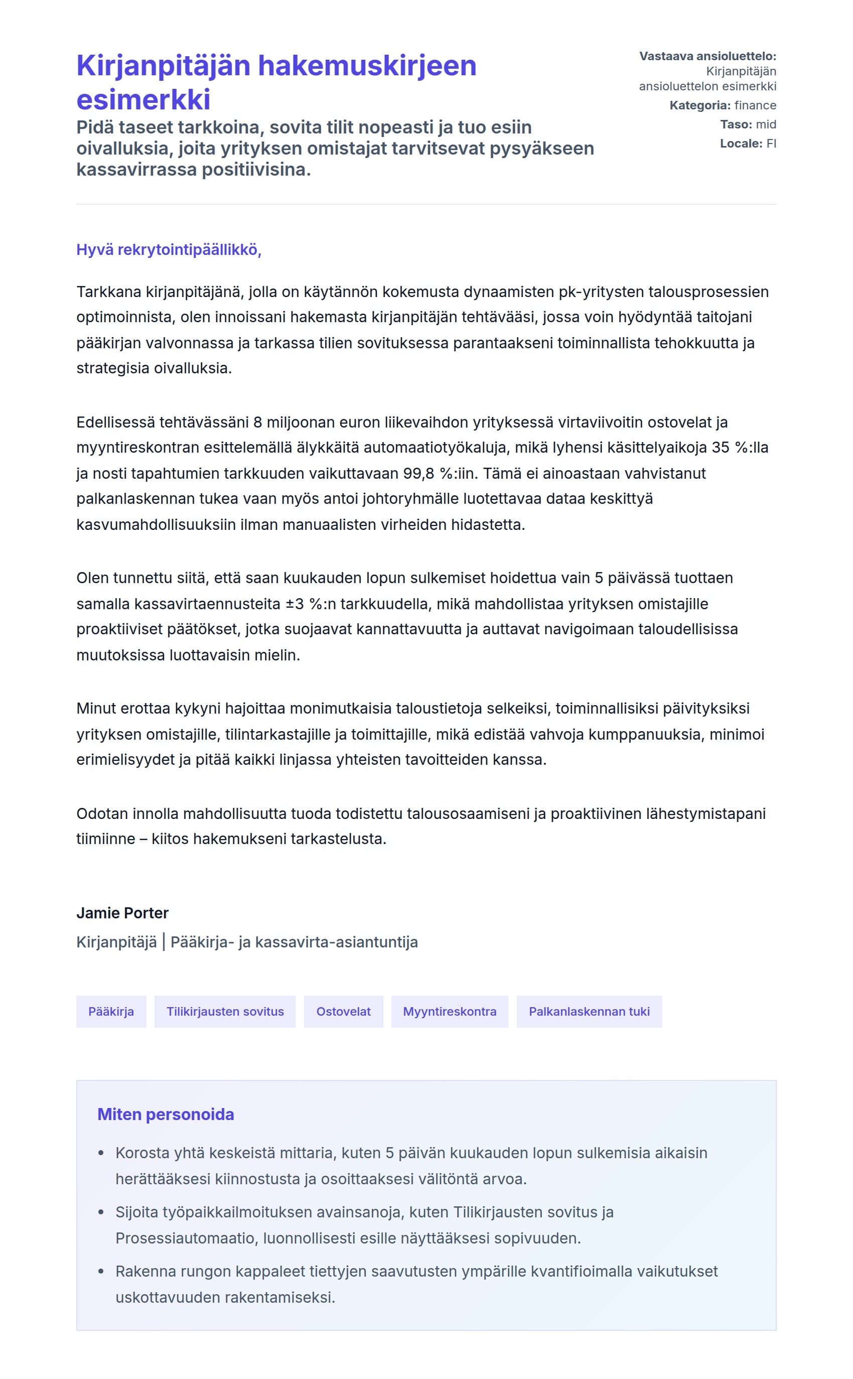 Työhakemuskirjeen esikatselu kohteelle Kirjanpitäjän hakemuskirjeen esimerkki