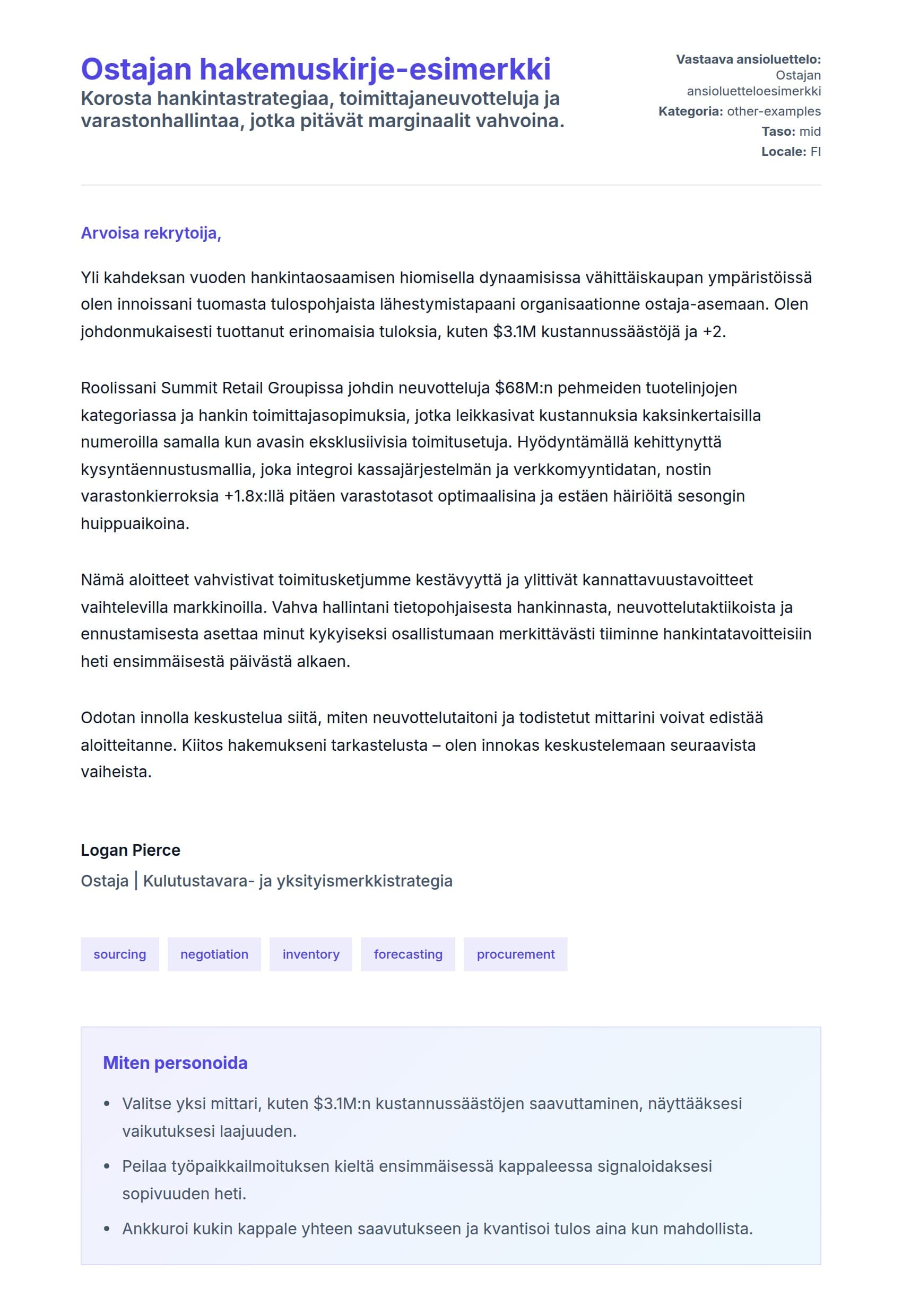 Työhakemuskirjeen esikatselu kohteelle Ostajan hakemuskirje-esimerkki