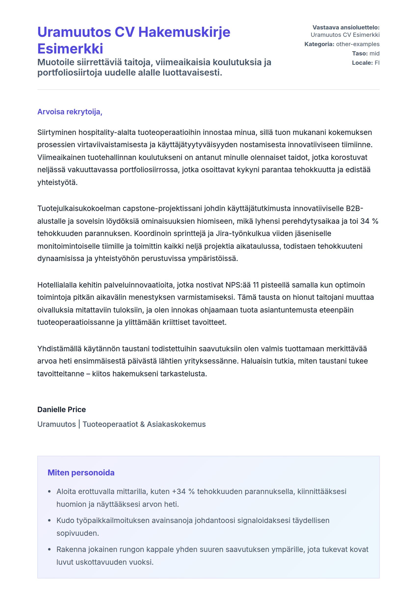 Työhakemuskirjeen esikatselu kohteelle Uramuutos CV Hakemuskirje Esimerkki