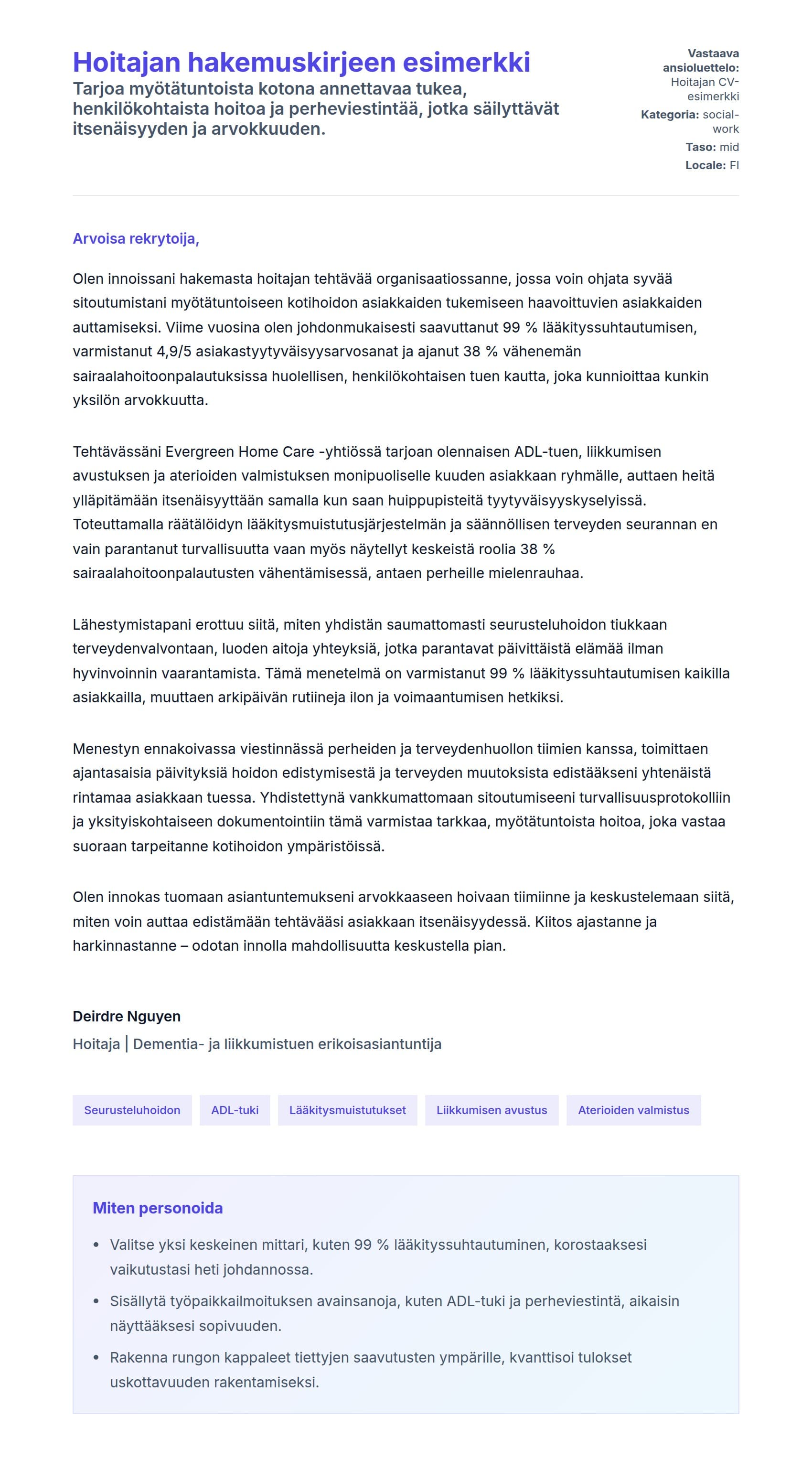 Työhakemuskirjeen esikatselu kohteelle Hoitajan hakemuskirjeen esimerkki