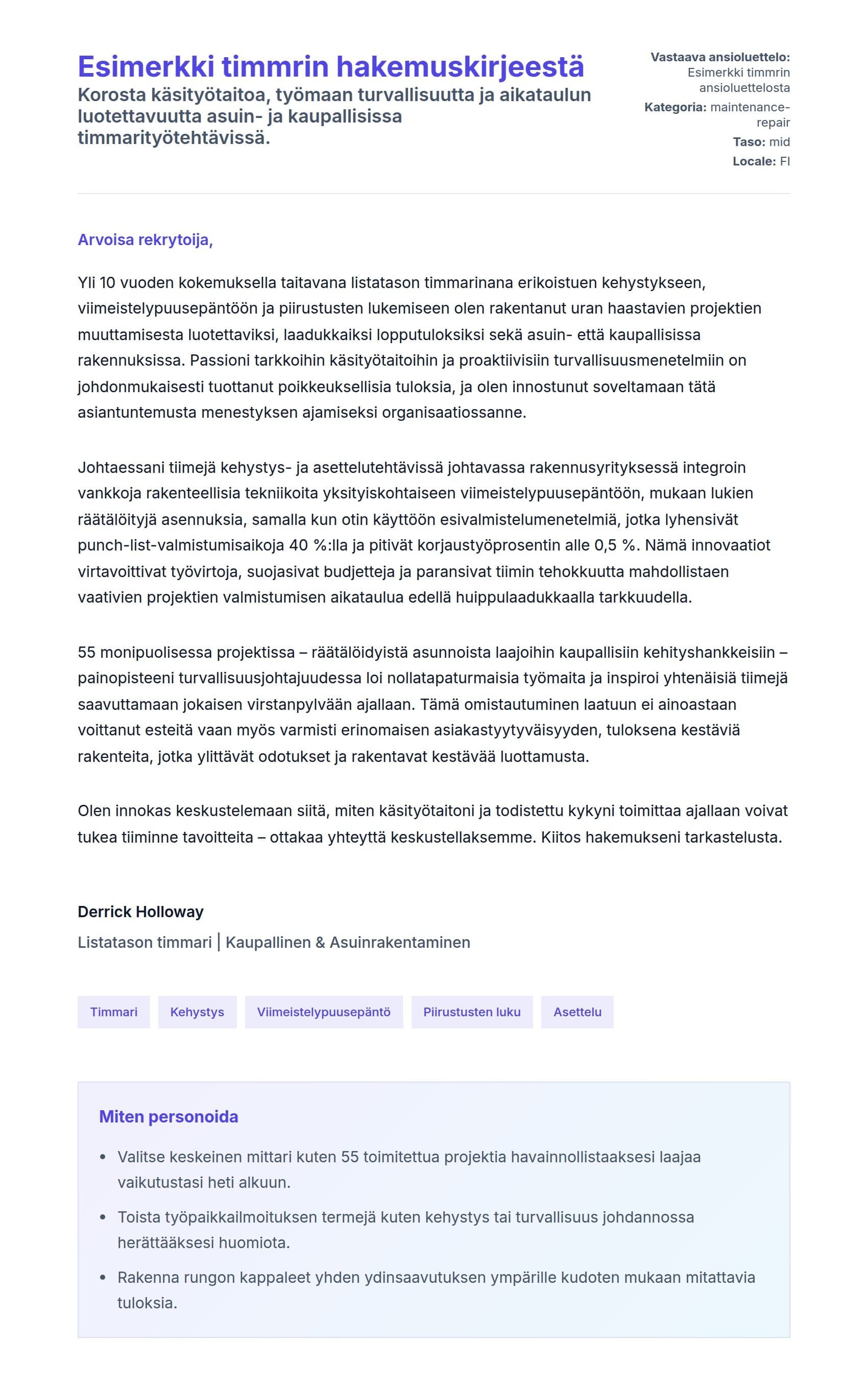 Työhakemuskirjeen esikatselu kohteelle Esimerkki timmrin hakemuskirjeestä