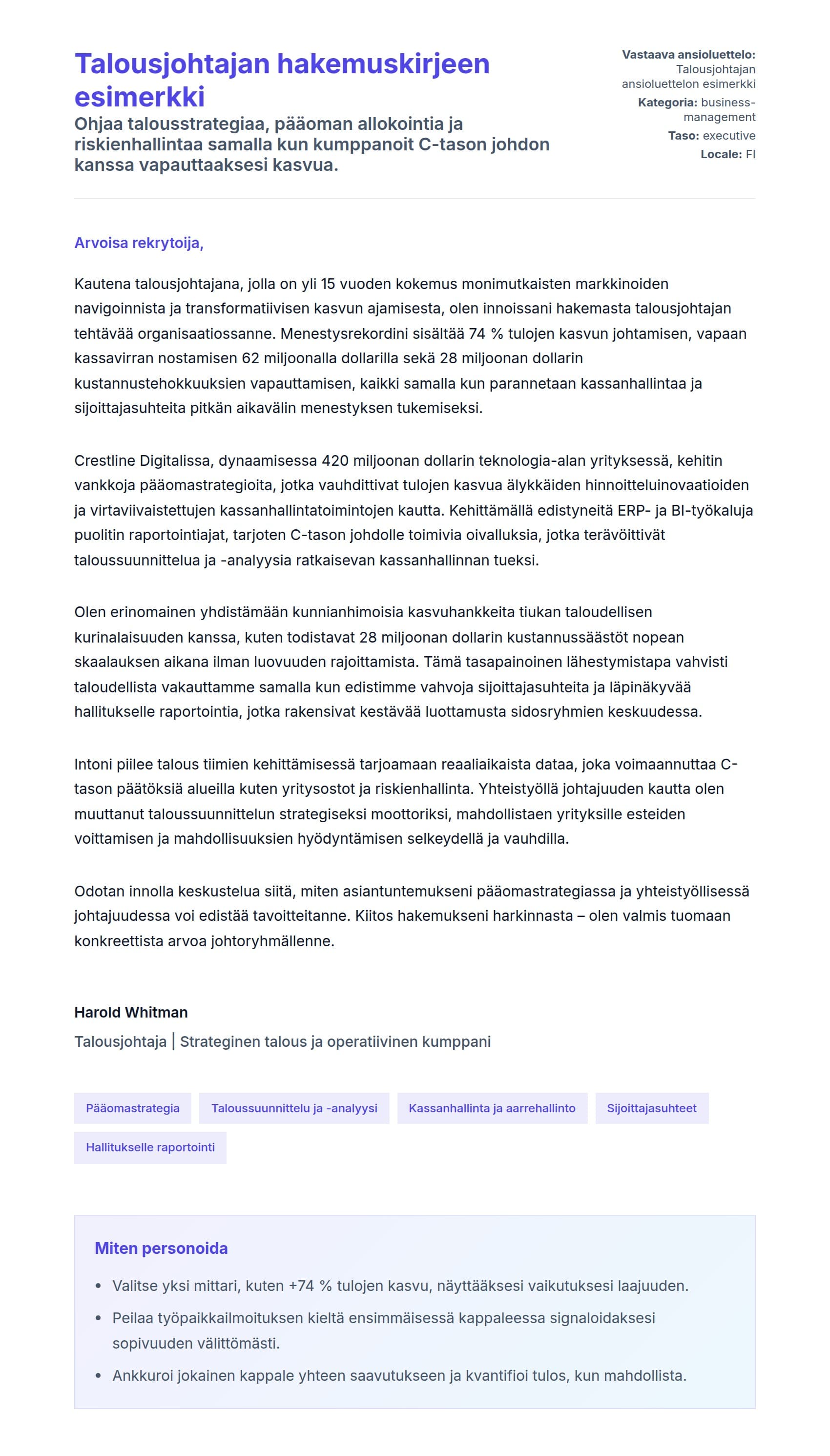 Työhakemuskirjeen esikatselu kohteelle Talousjohtajan hakemuskirjeen esimerkki