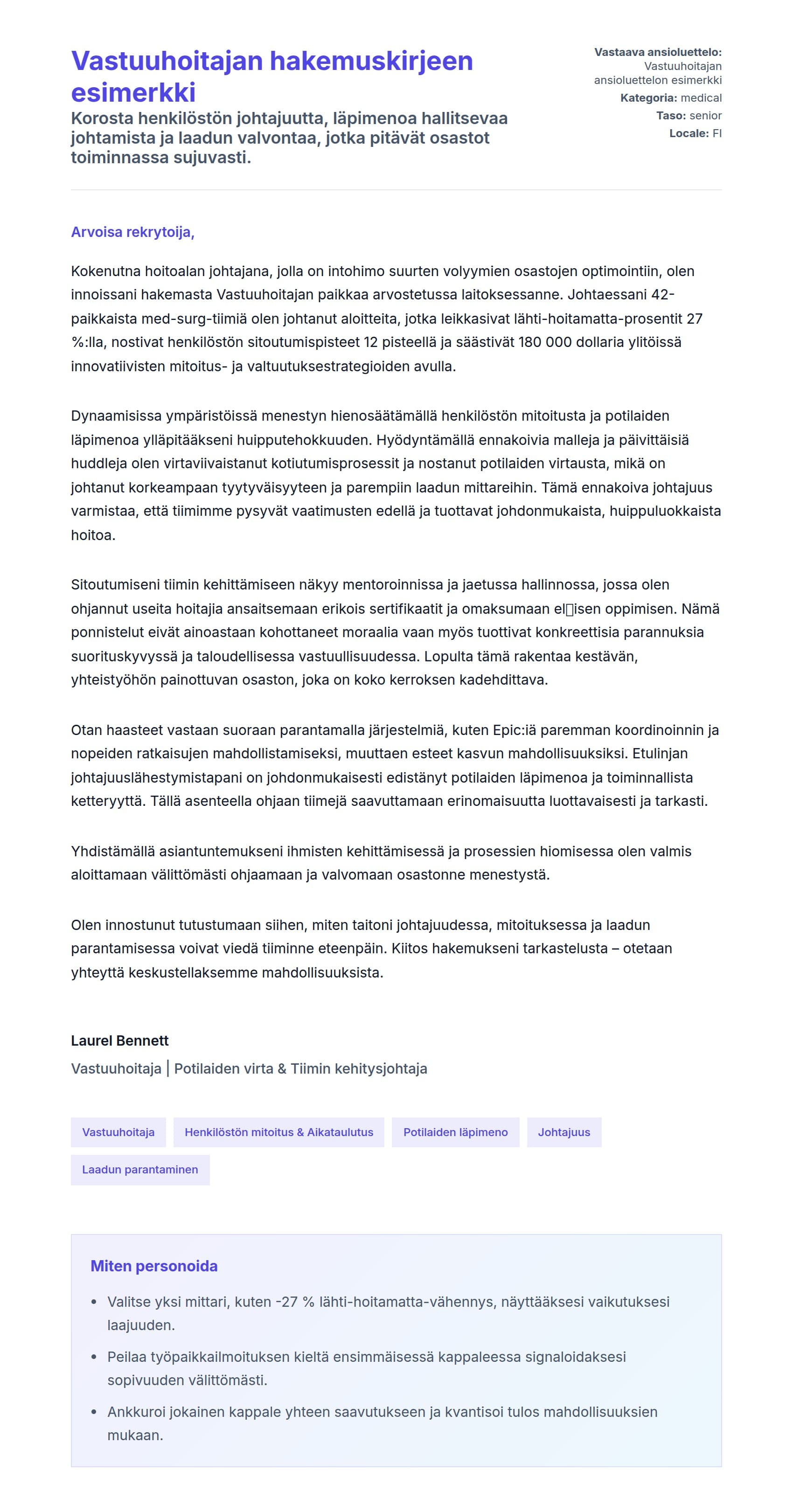 Työhakemuskirjeen esikatselu kohteelle Vastuuhoitajan hakemuskirjeen esimerkki