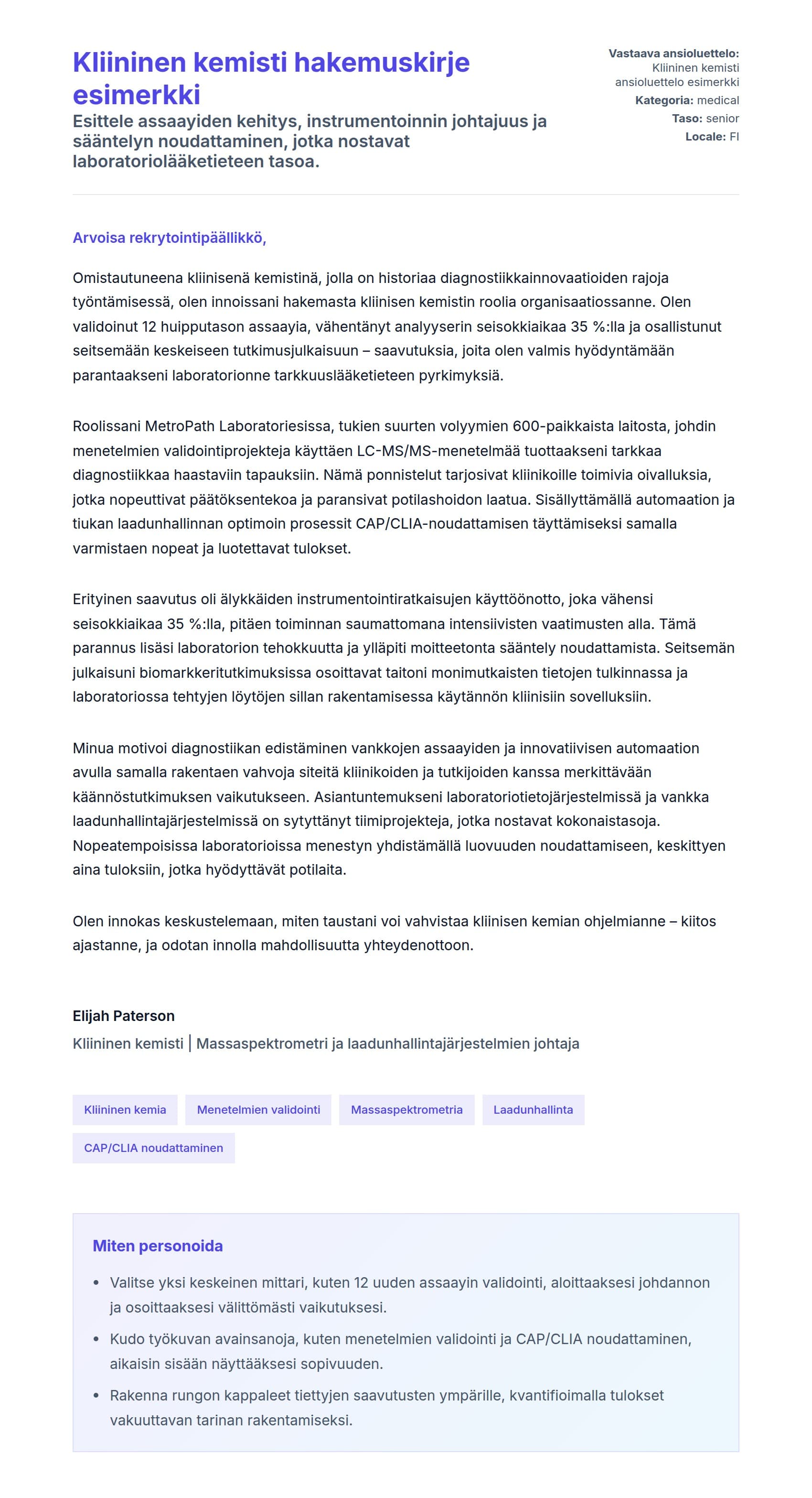 Työhakemuskirjeen esikatselu kohteelle Kliininen kemisti hakemuskirje esimerkki