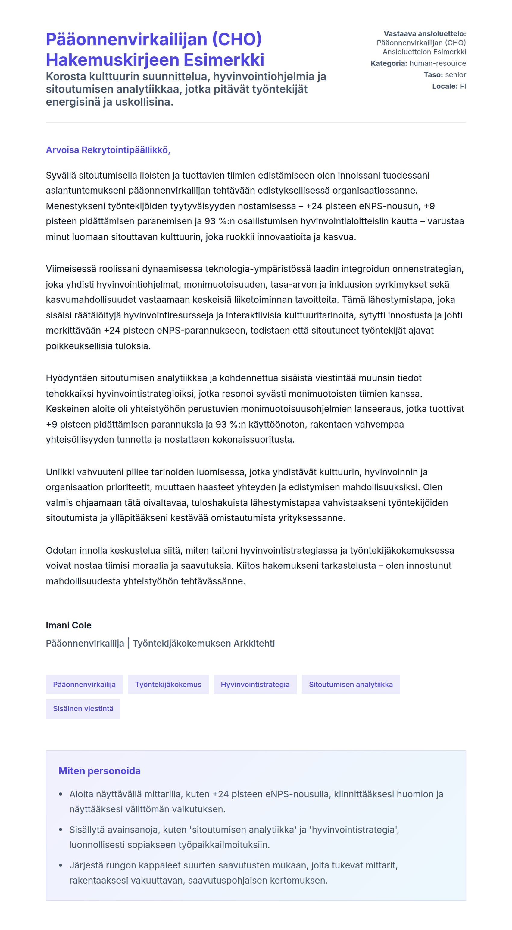 Työhakemuskirjeen esikatselu kohteelle Pääonnenvirkailijan (CHO) Hakemuskirjeen Esimerkki