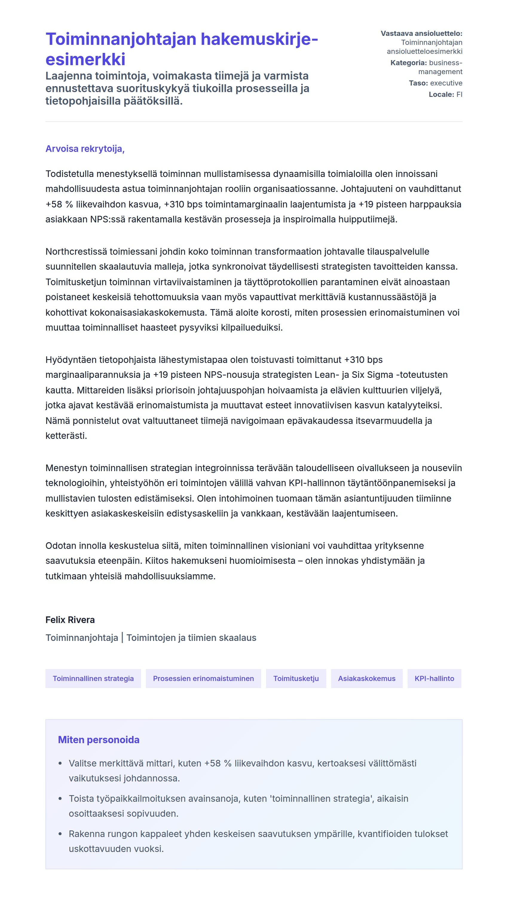 Työhakemuskirjeen esikatselu kohteelle Toiminnanjohtajan hakemuskirje-esimerkki