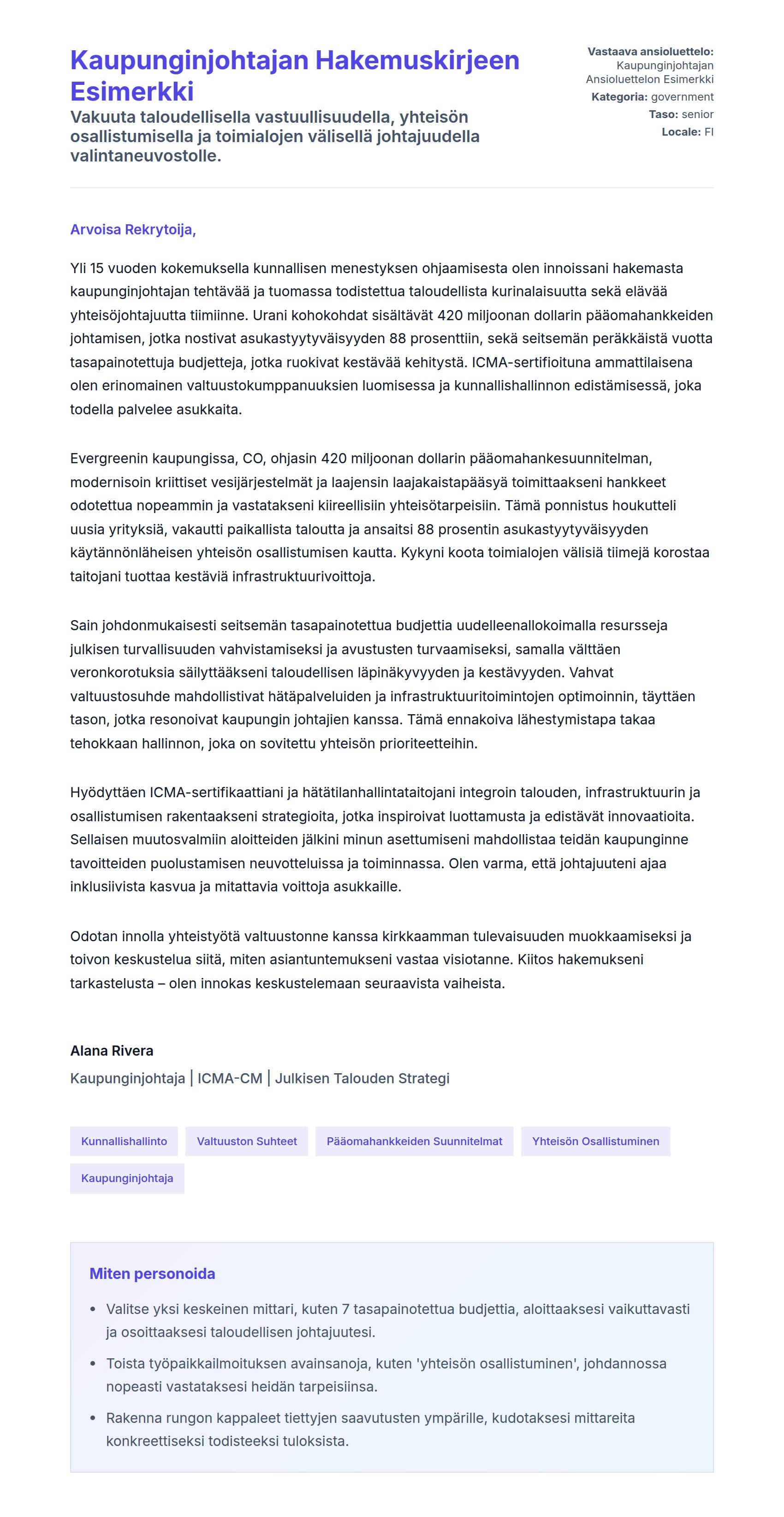 Työhakemuskirjeen esikatselu kohteelle Kaupunginjohtajan Hakemuskirjeen Esimerkki