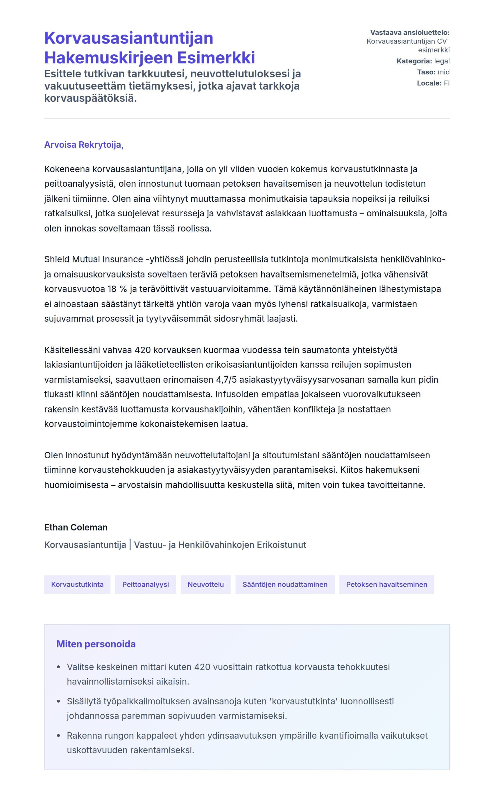 Työhakemuskirjeen esikatselu kohteelle Korvausasiantuntijan Hakemuskirjeen Esimerkki