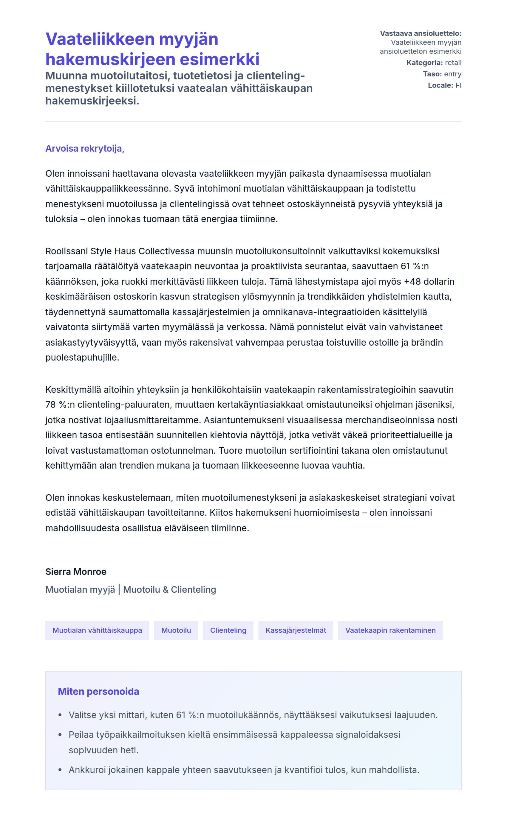 Työhakemuskirjeen esikatselu kohteelle Vaateliikkeen myyjän hakemuskirjeen esimerkki