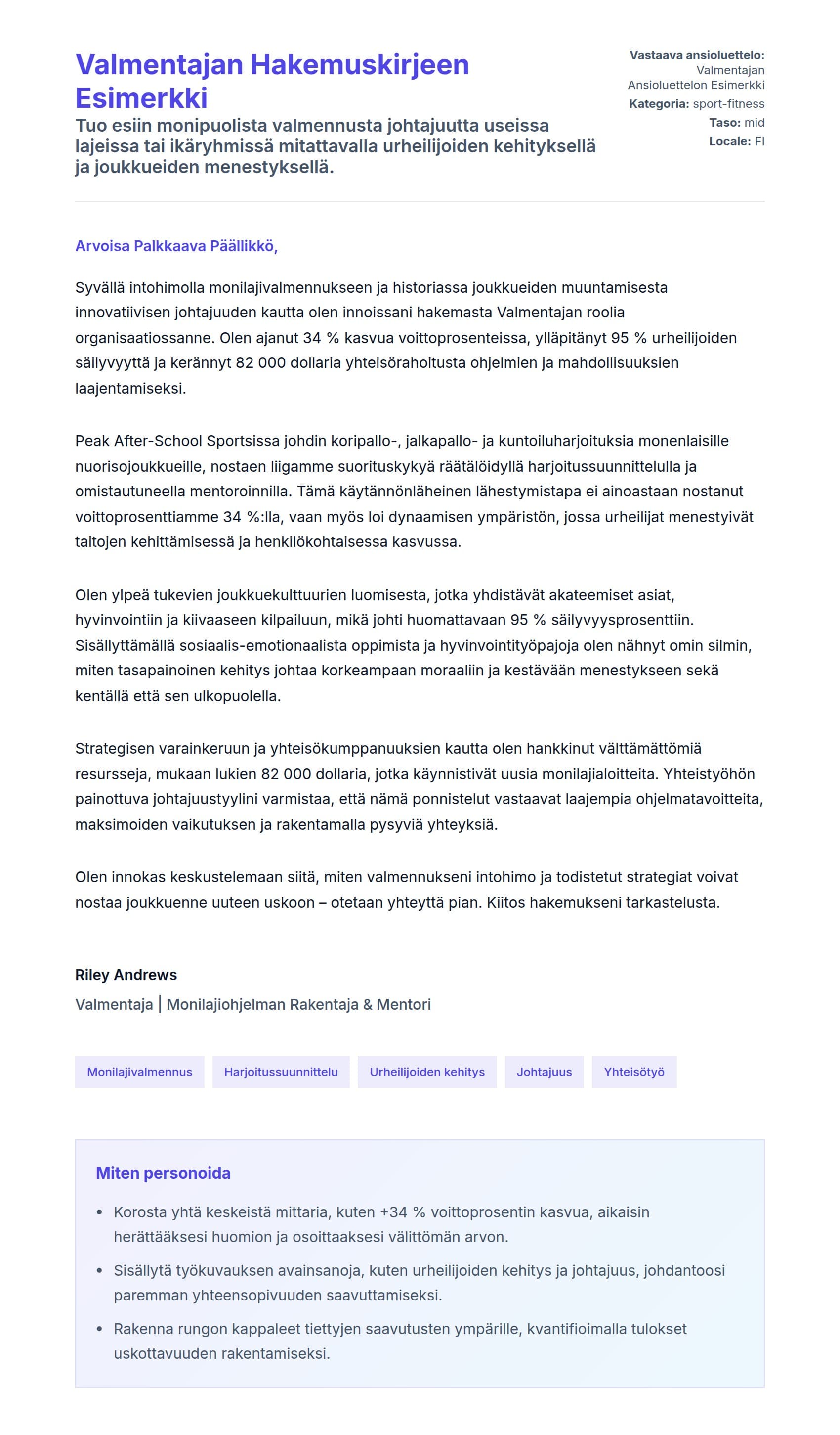 Työhakemuskirjeen esikatselu kohteelle Valmentajan Hakemuskirjeen Esimerkki