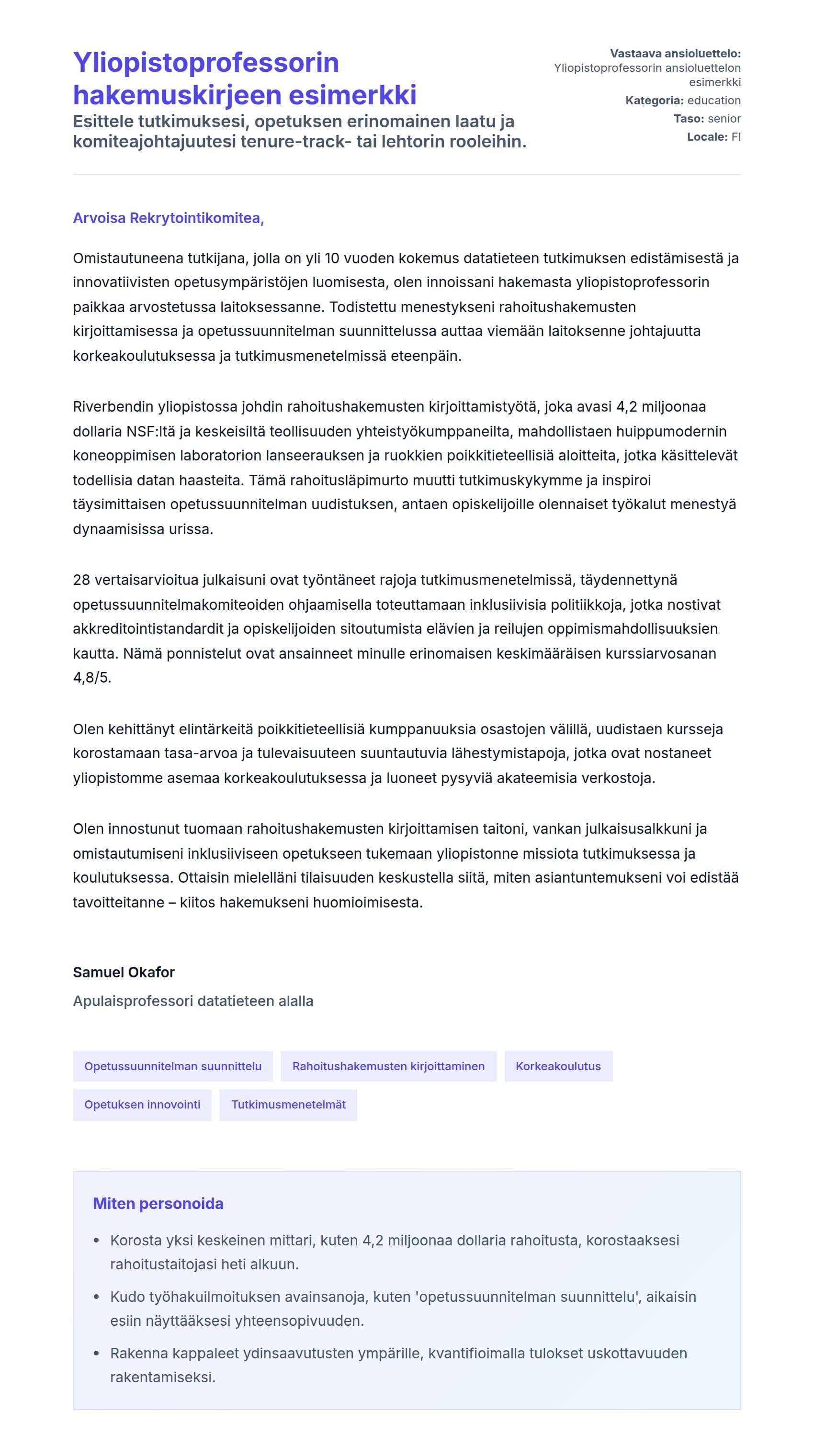 Työhakemuskirjeen esikatselu kohteelle Yliopistoprofessorin hakemuskirjeen esimerkki