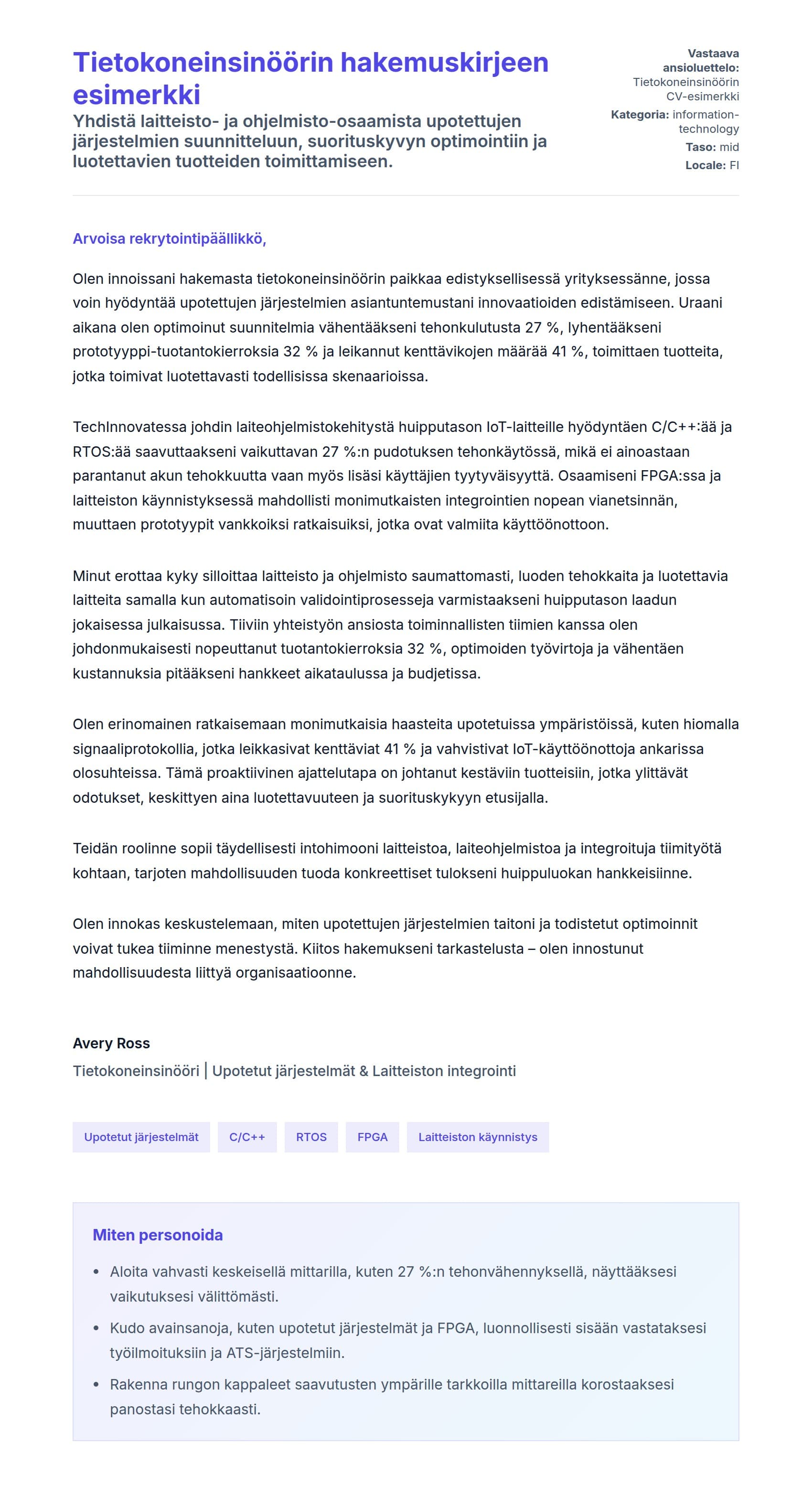 Työhakemuskirjeen esikatselu kohteelle Tietokoneinsinöörin hakemuskirjeen esimerkki