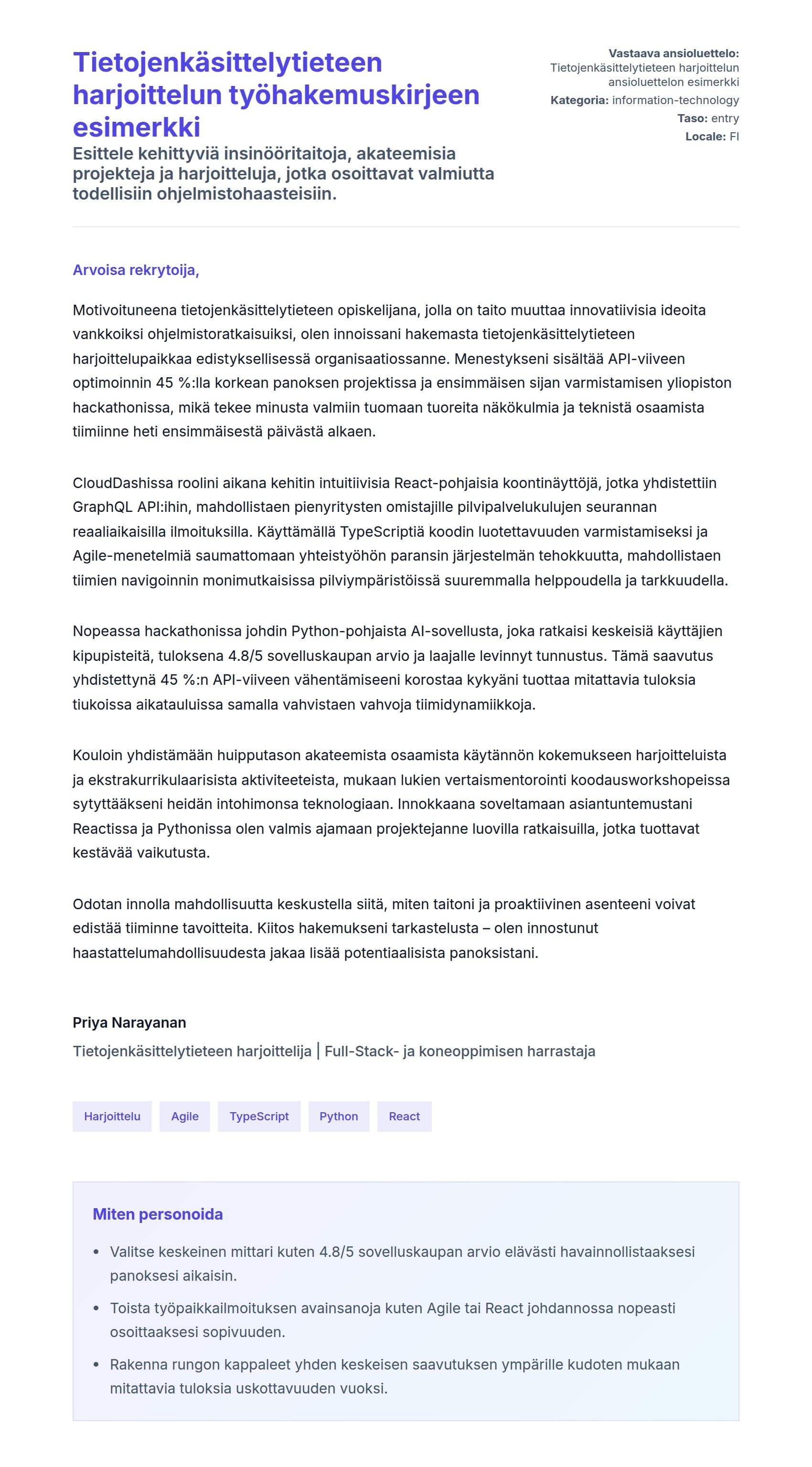 Työhakemuskirjeen esikatselu kohteelle Tietojenkäsittelytieteen harjoittelun työhakemuskirjeen esimerkki