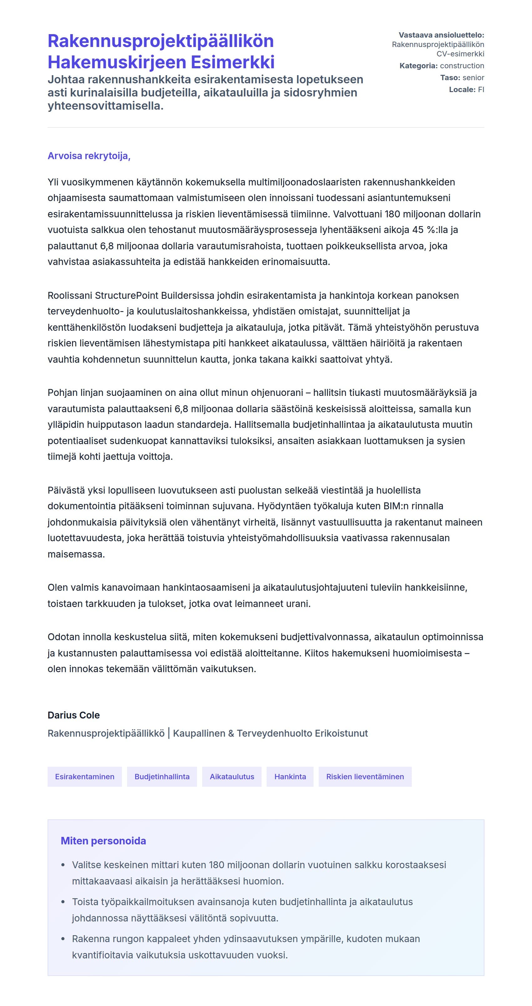 Työhakemuskirjeen esikatselu kohteelle Rakennusprojektipäällikön Hakemuskirjeen Esimerkki