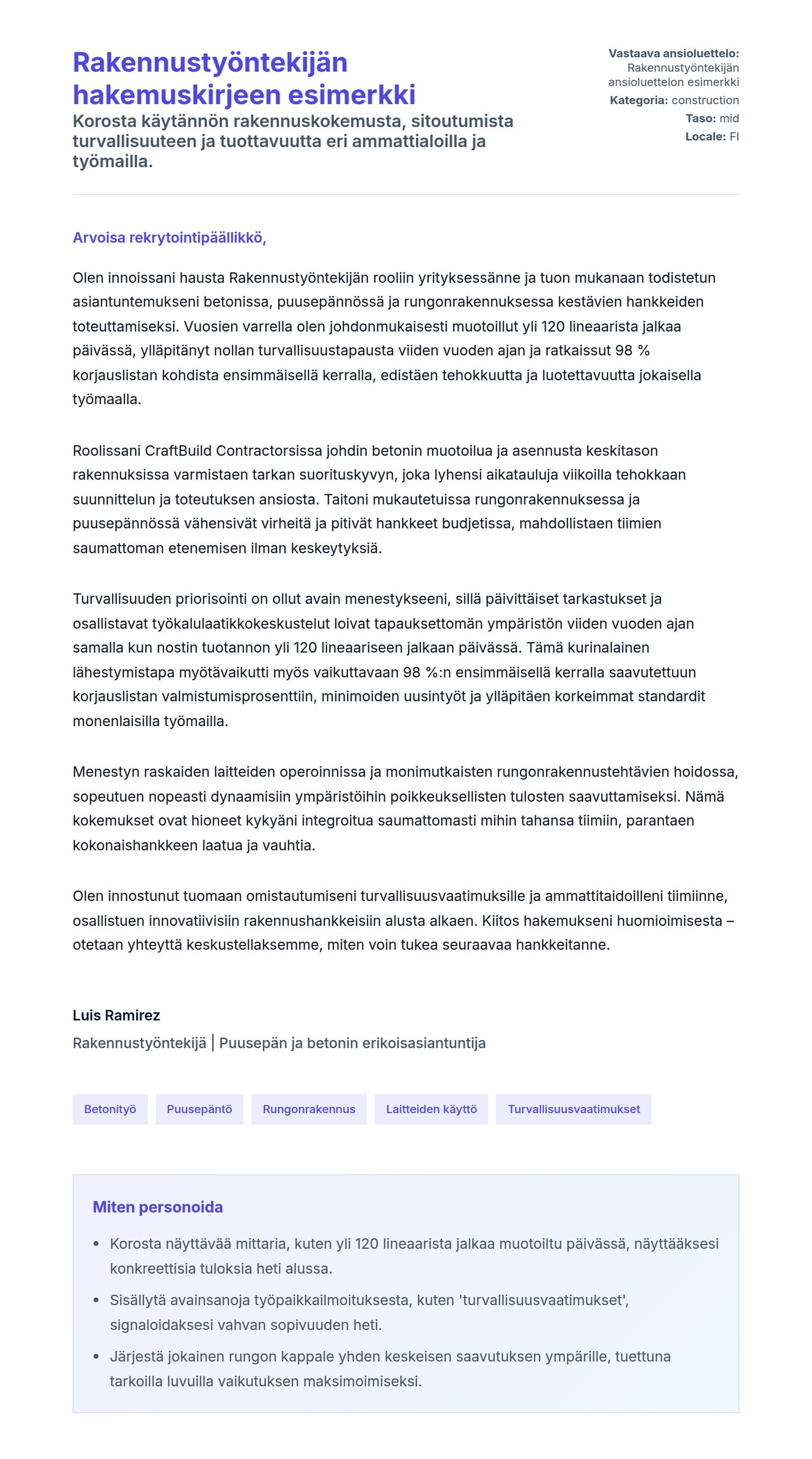 Työhakemuskirjeen esikatselu kohteelle Rakennustyöntekijän hakemuskirjeen esimerkki