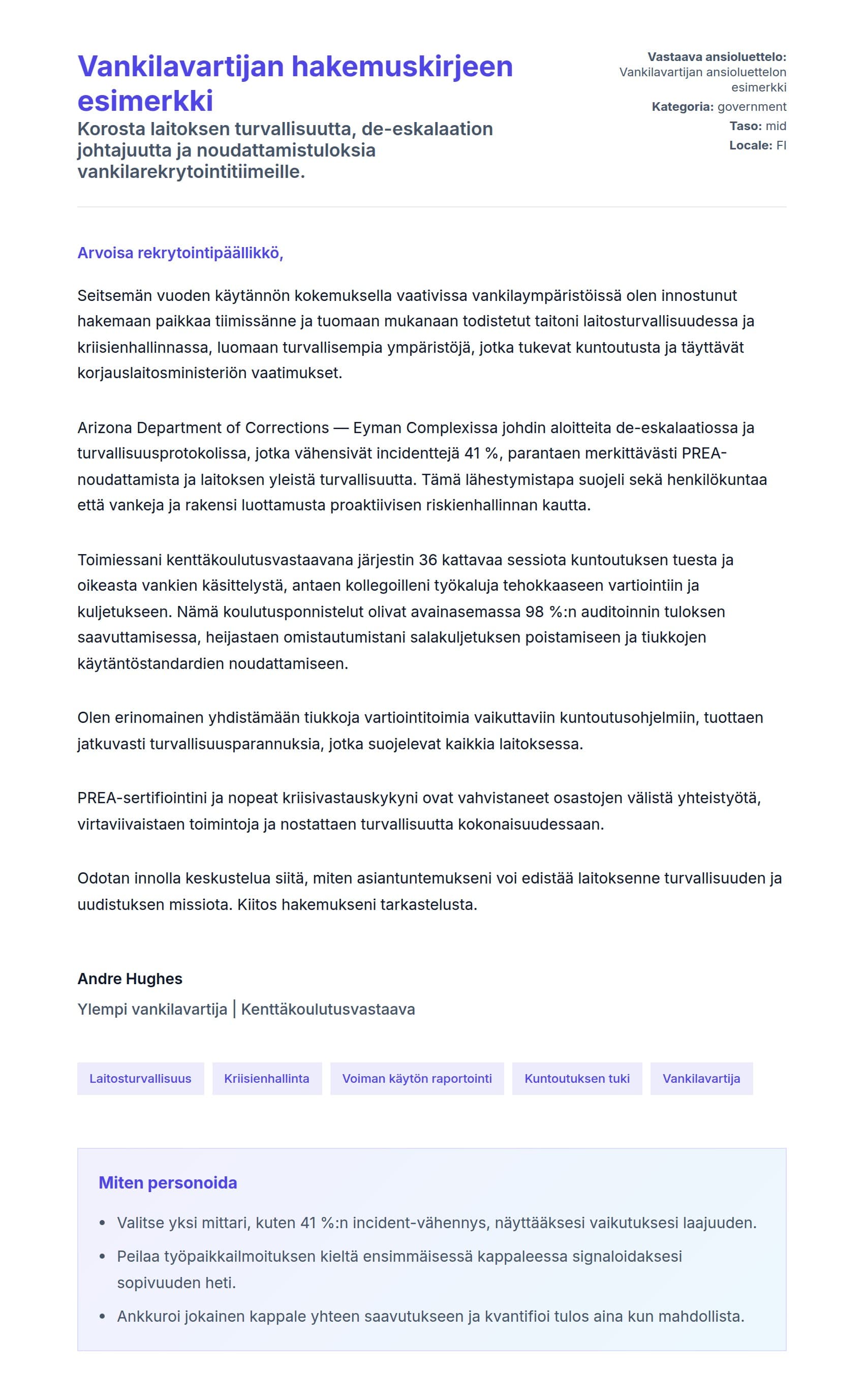 Työhakemuskirjeen esikatselu kohteelle Vankilavartijan hakemuskirjeen esimerkki