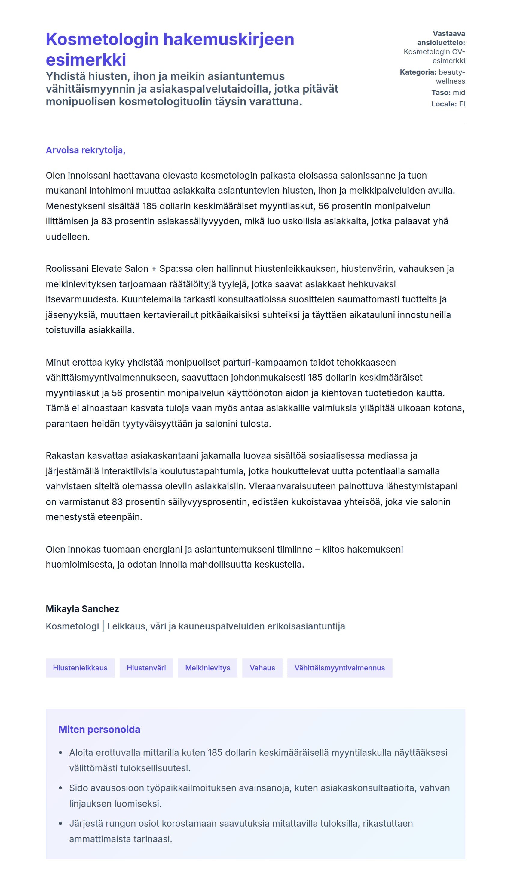 Työhakemuskirjeen esikatselu kohteelle Kosmetologin hakemuskirjeen esimerkki