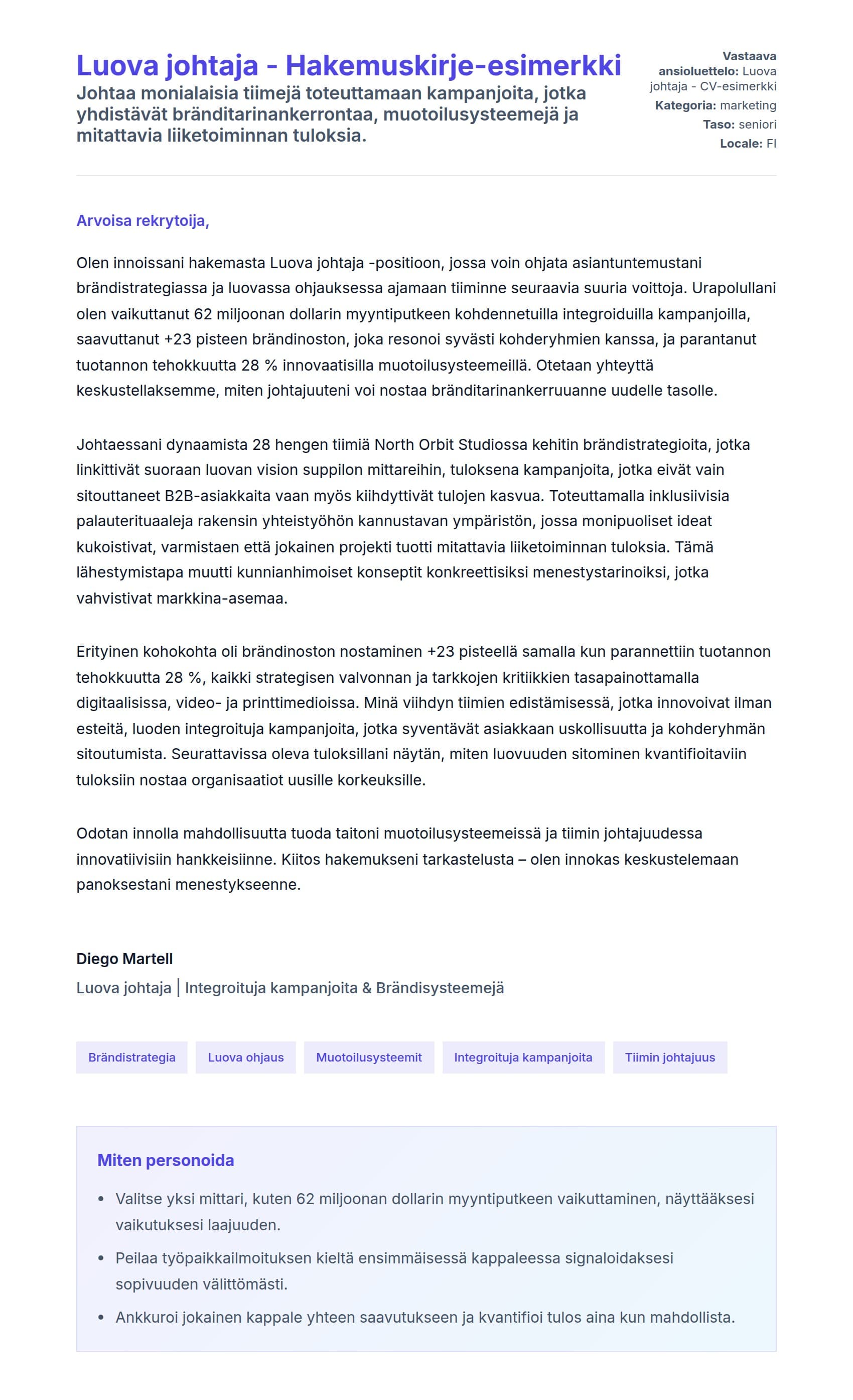 Työhakemuskirjeen esikatselu kohteelle Luova johtaja - Hakemuskirje-esimerkki