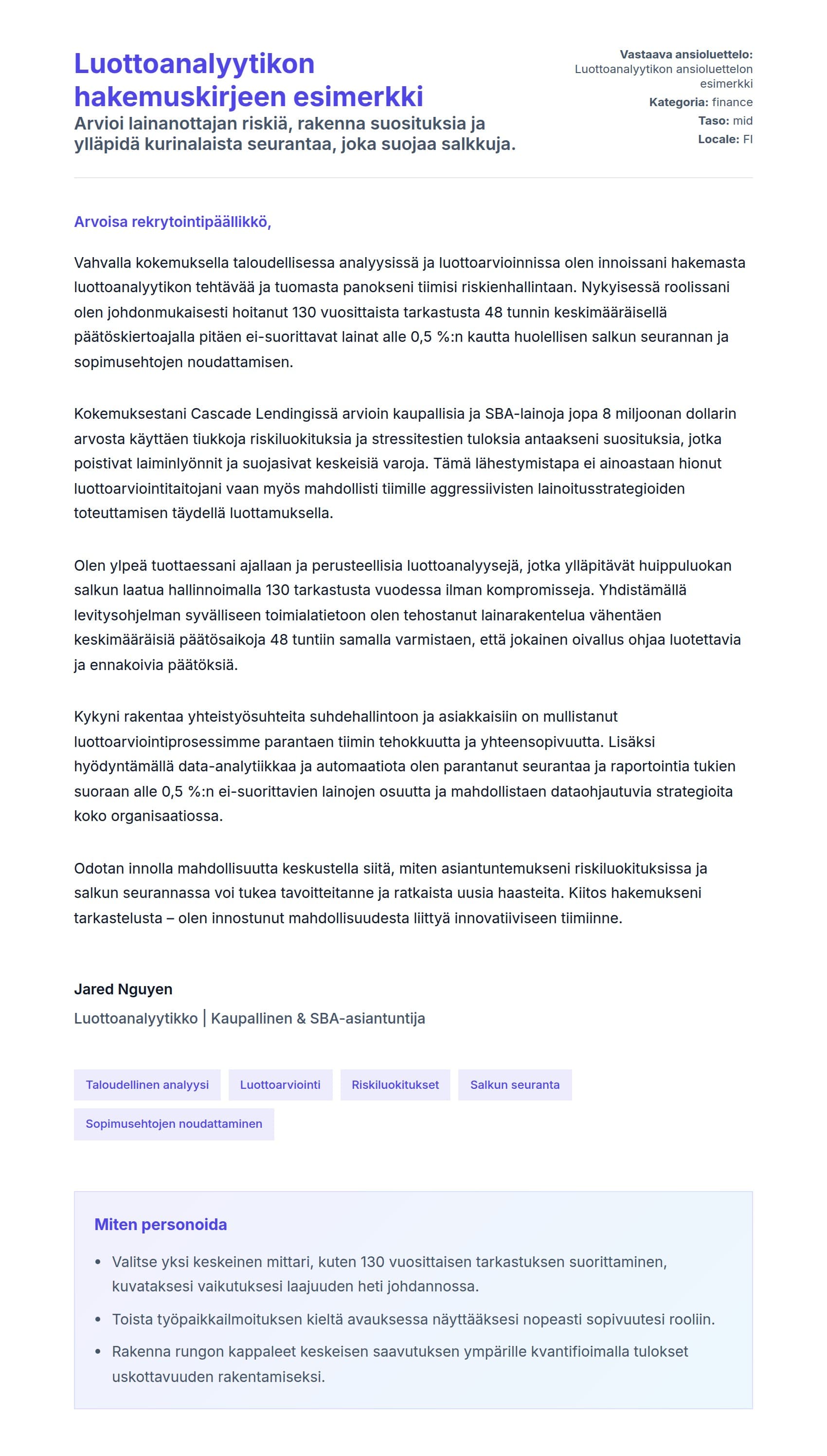 Työhakemuskirjeen esikatselu kohteelle Luottoanalyytikon hakemuskirjeen esimerkki