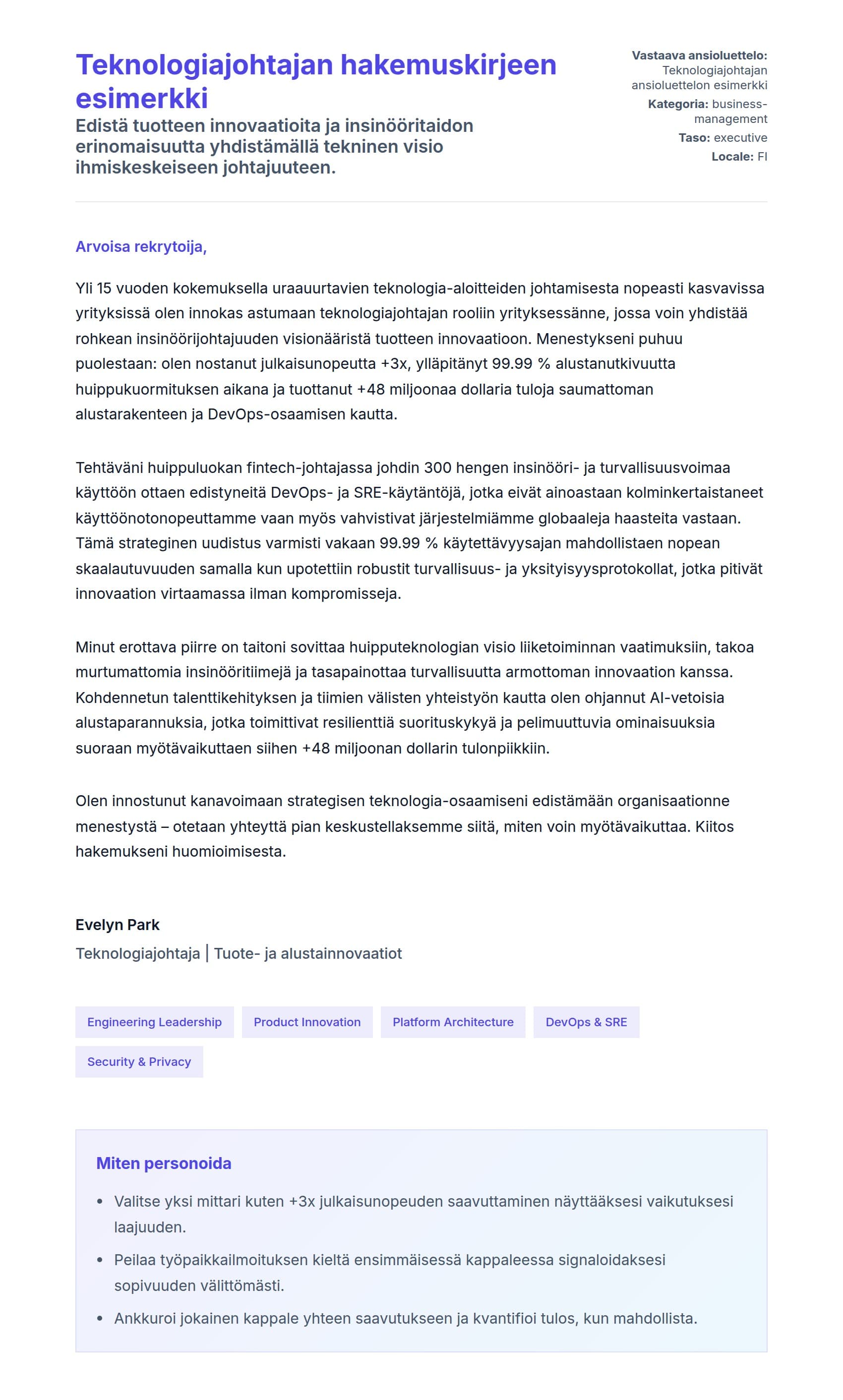 Työhakemuskirjeen esikatselu kohteelle Teknologiajohtajan hakemuskirjeen esimerkki
