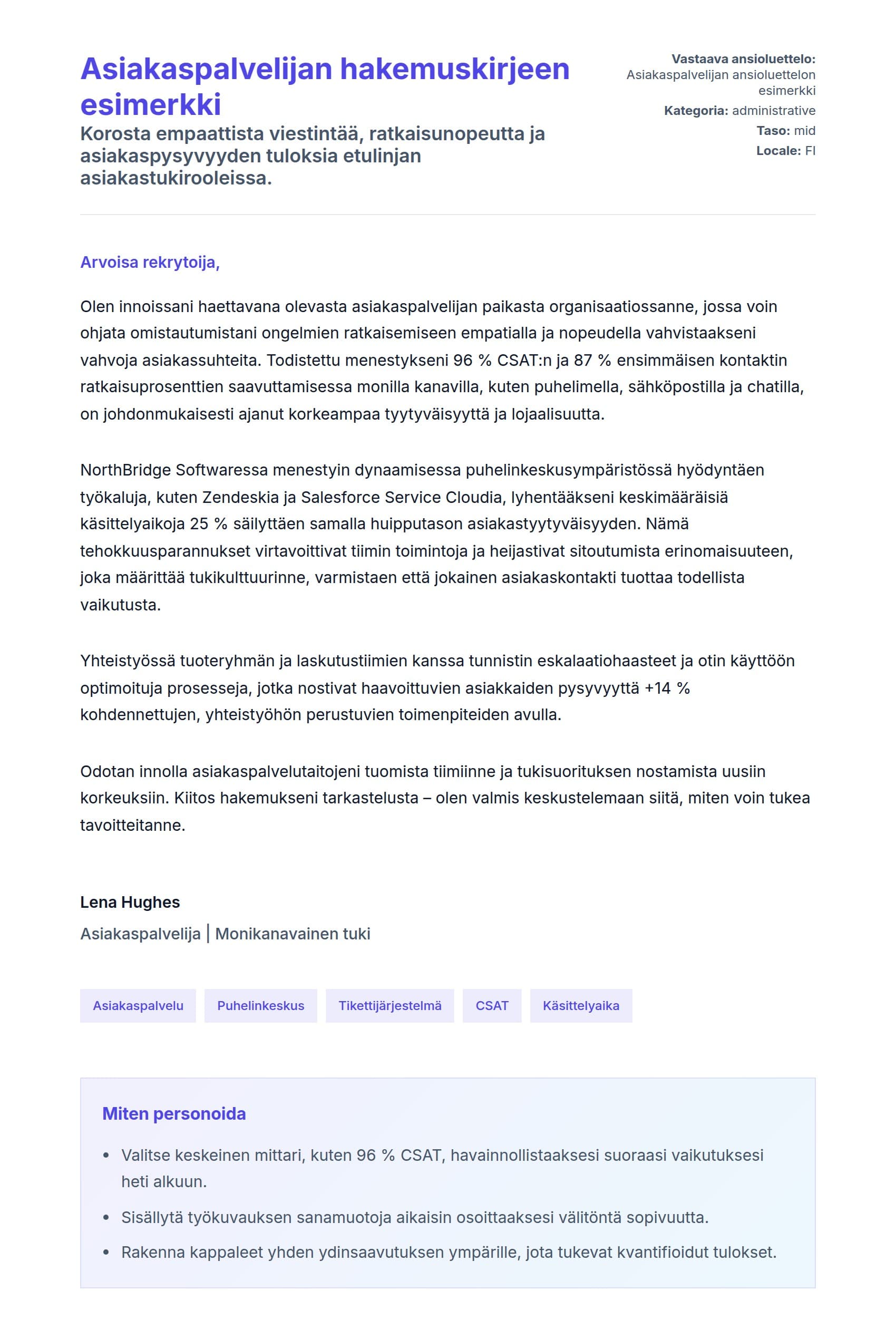 Työhakemuskirjeen esikatselu kohteelle Asiakaspalvelijan hakemuskirjeen esimerkki