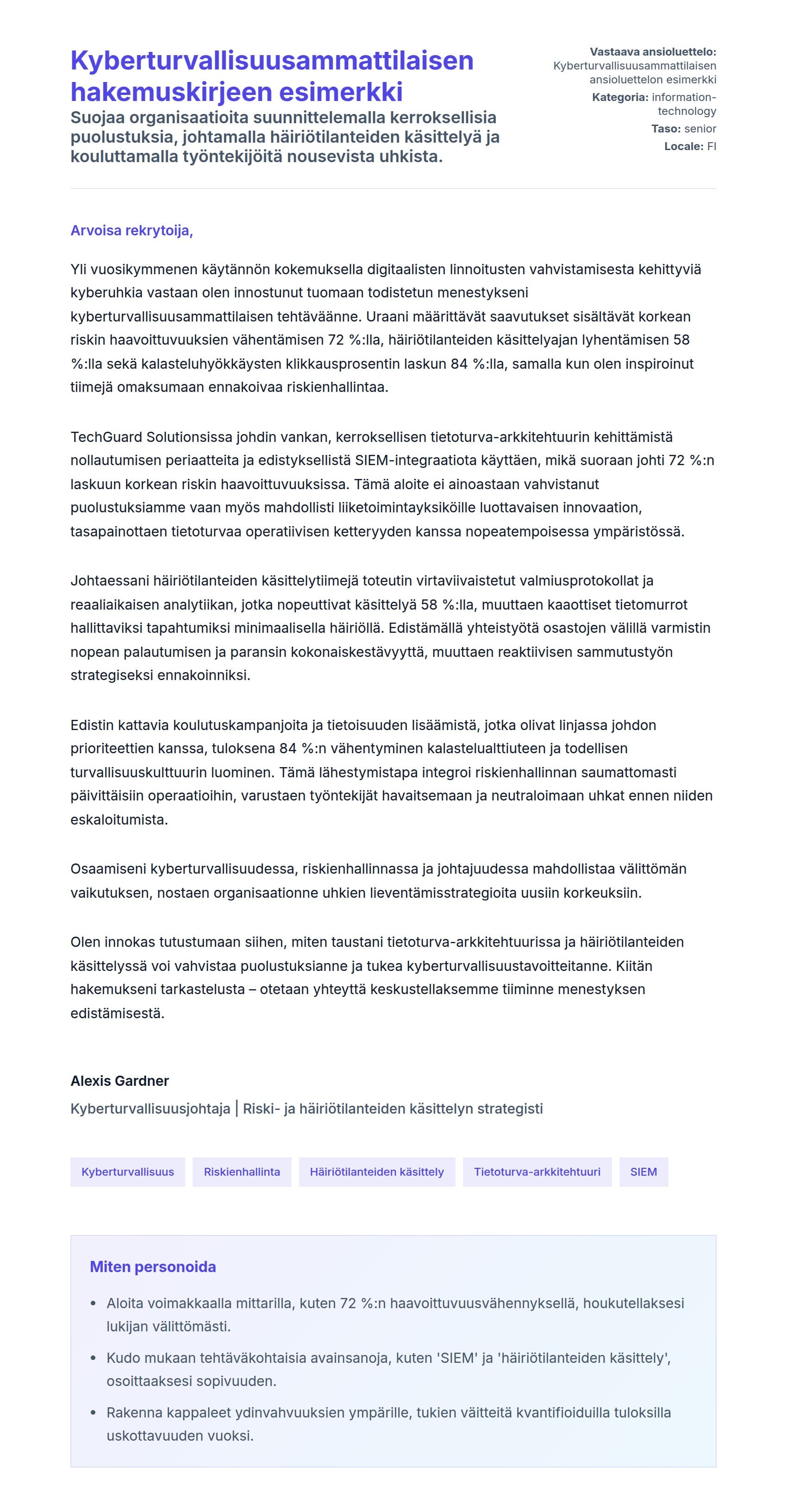 Työhakemuskirjeen esikatselu kohteelle Kyberturvallisuusammattilaisen hakemuskirjeen esimerkki