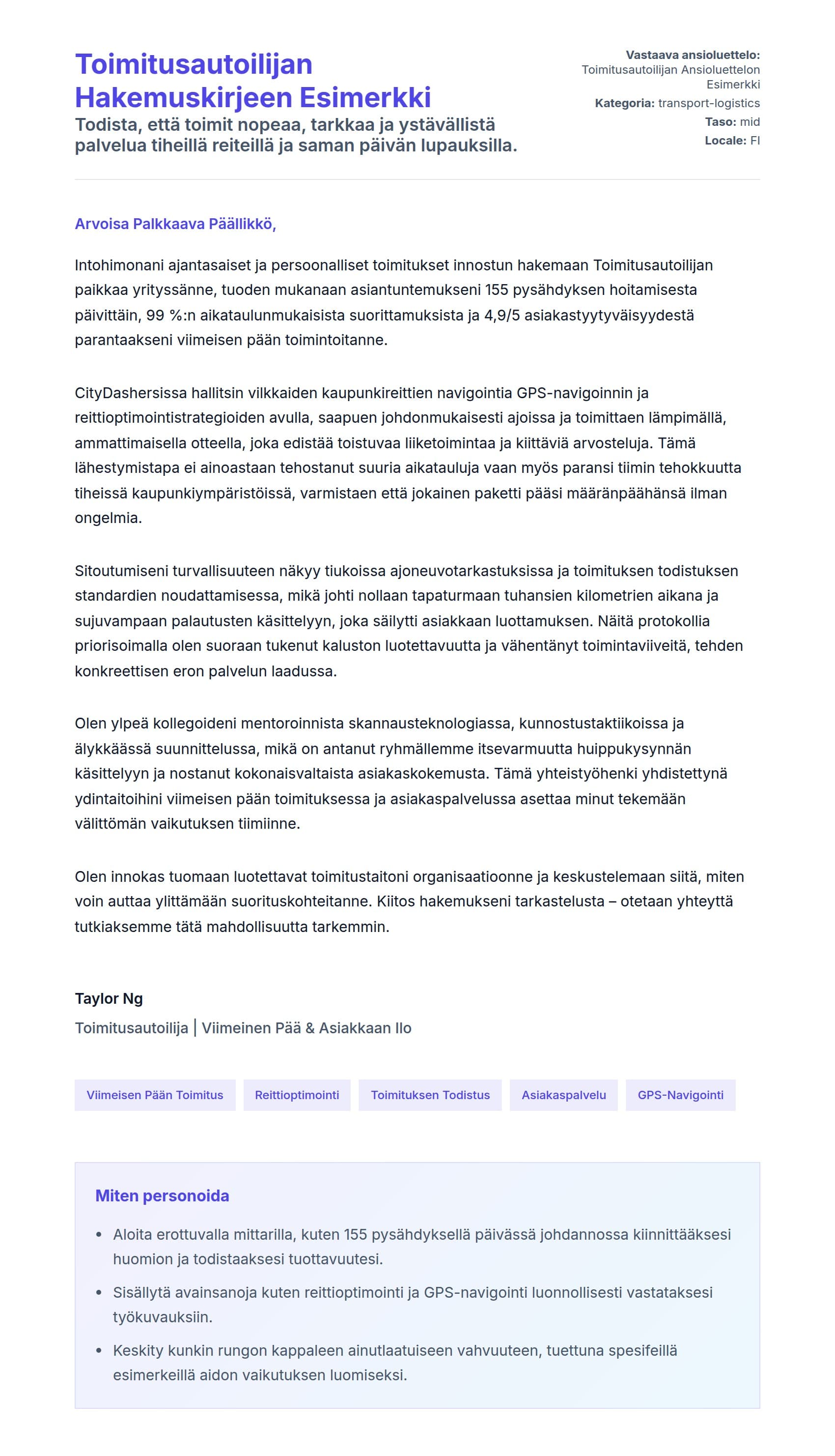 Työhakemuskirjeen esikatselu kohteelle Toimitusautoilijan Hakemuskirjeen Esimerkki