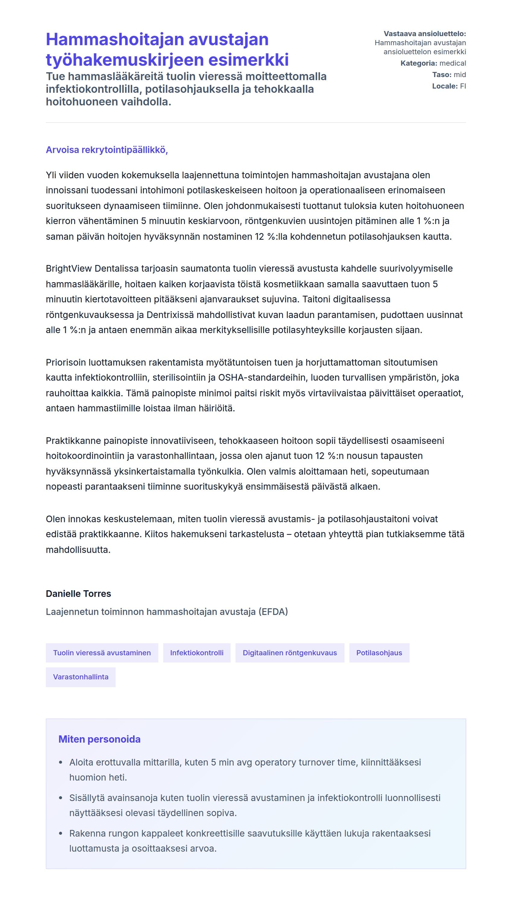 Työhakemuskirjeen esikatselu kohteelle Hammashoitajan avustajan työhakemuskirjeen esimerkki
