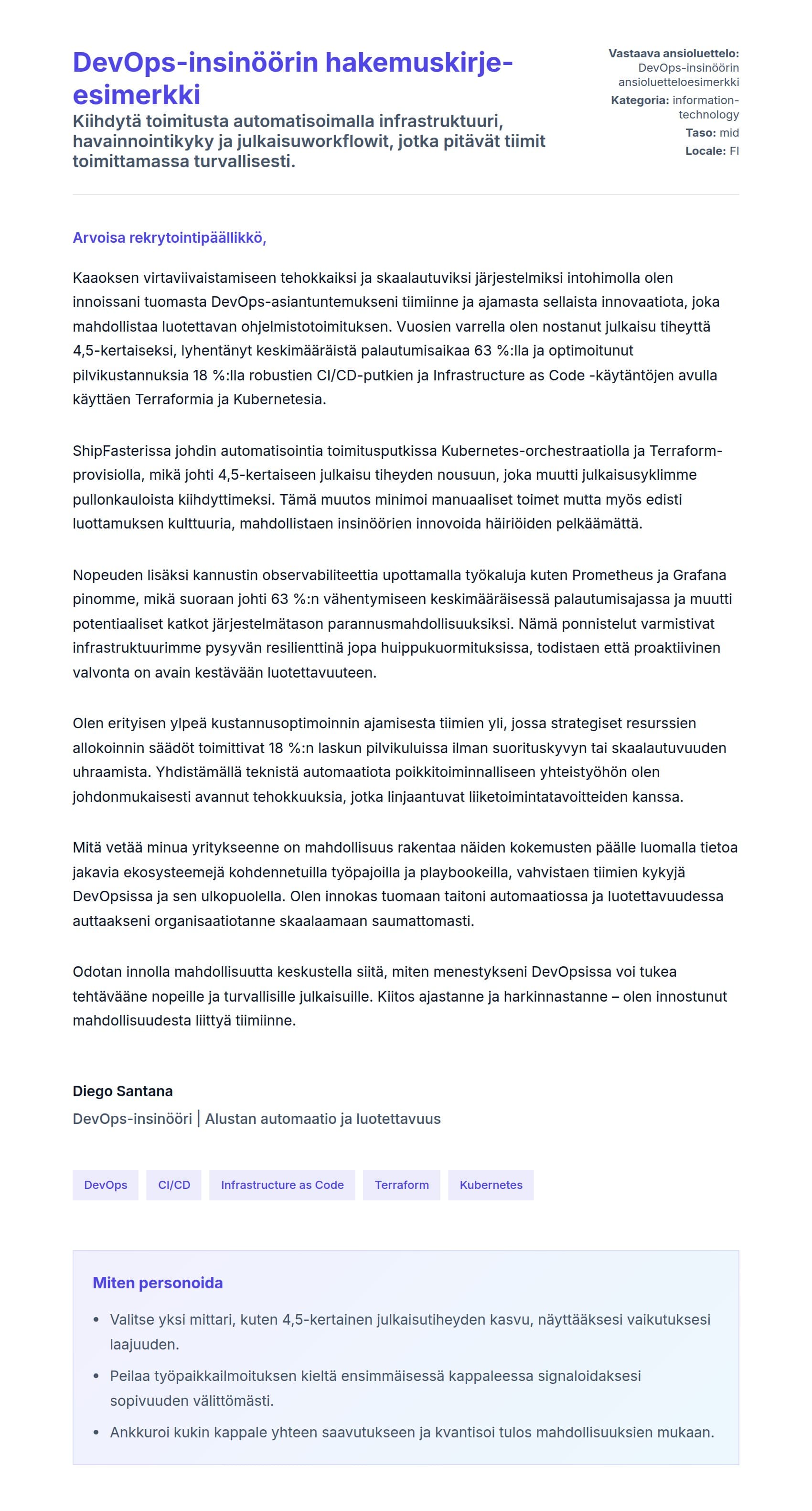 Työhakemuskirjeen esikatselu kohteelle DevOps-insinöörin hakemuskirje-esimerkki