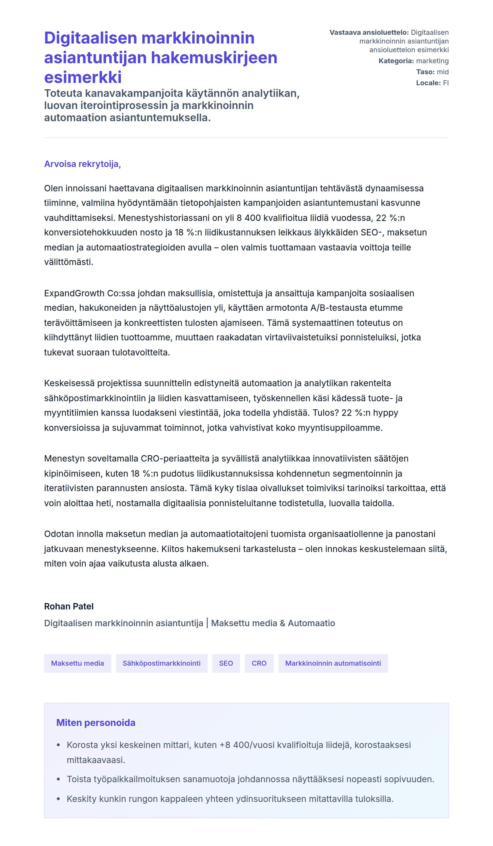 Työhakemuskirjeen esikatselu kohteelle Digitaalisen markkinoinnin asiantuntijan hakemuskirjeen esimerkki