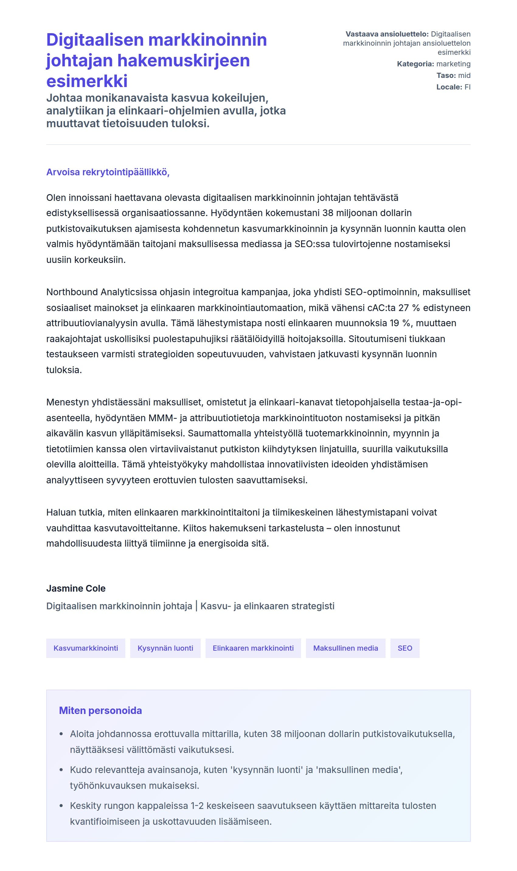 Työhakemuskirjeen esikatselu kohteelle Digitaalisen markkinoinnin johtajan hakemuskirjeen esimerkki