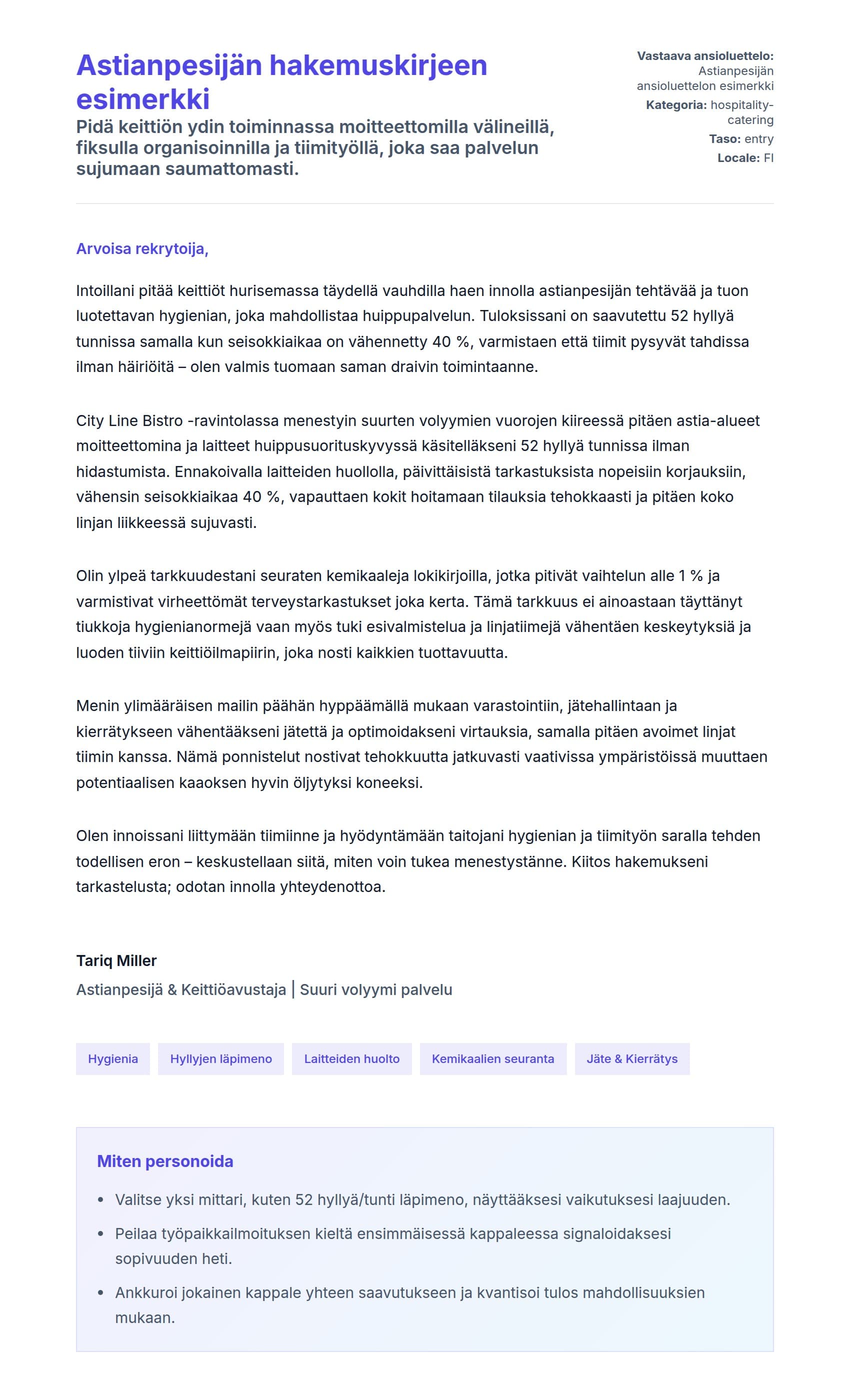 Työhakemuskirjeen esikatselu kohteelle Astianpesijän hakemuskirjeen esimerkki