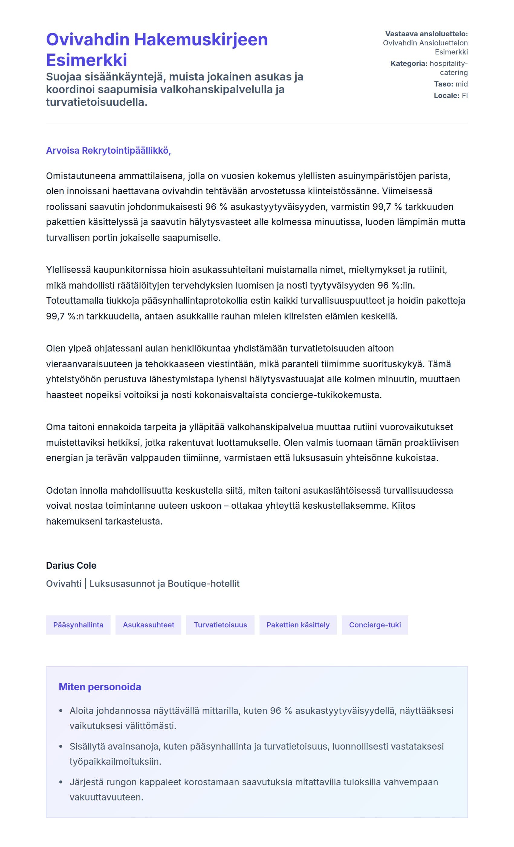 Työhakemuskirjeen esikatselu kohteelle Ovivahdin Hakemuskirjeen Esimerkki