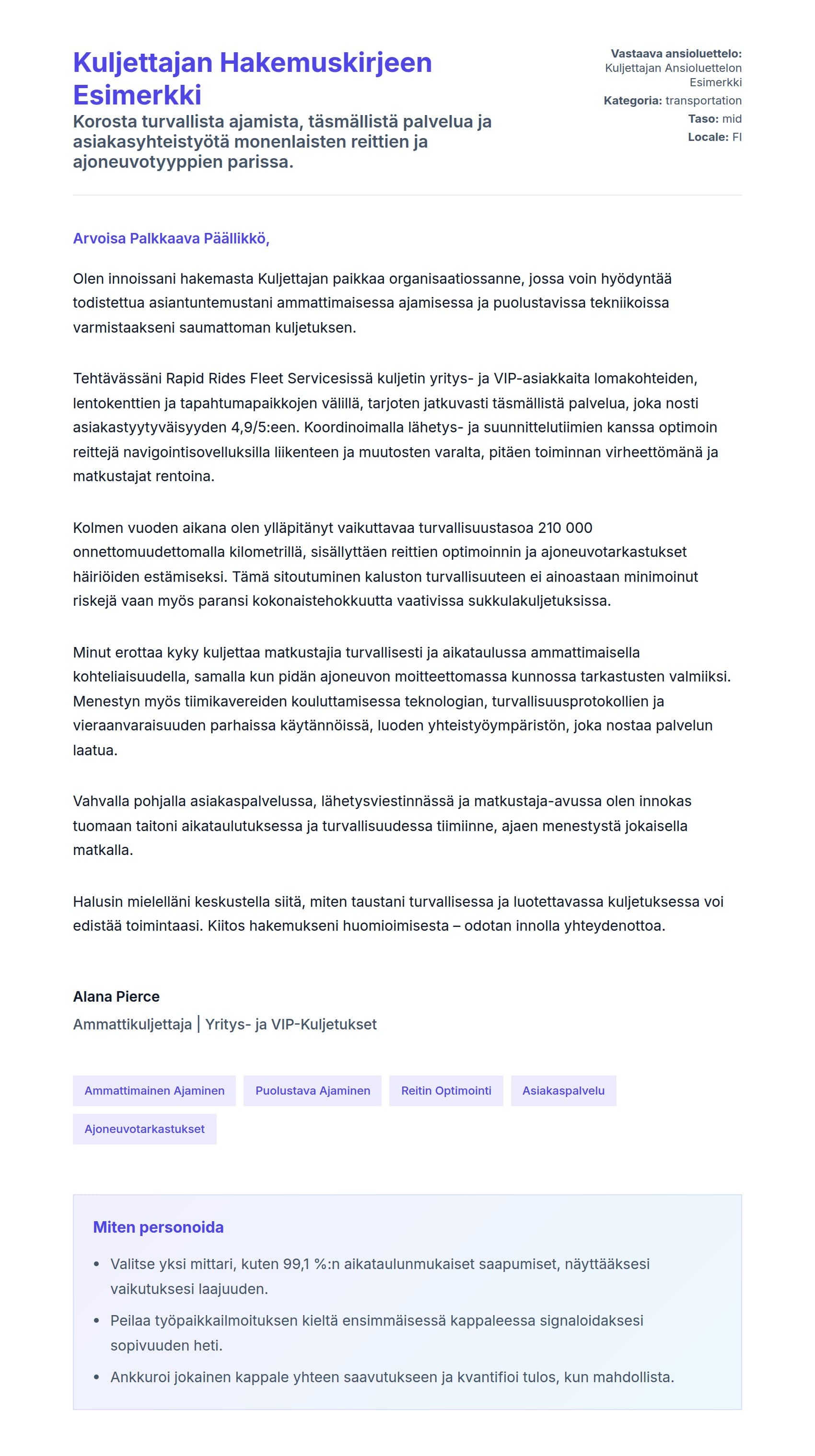 Työhakemuskirjeen esikatselu kohteelle Kuljettajan Hakemuskirjeen Esimerkki