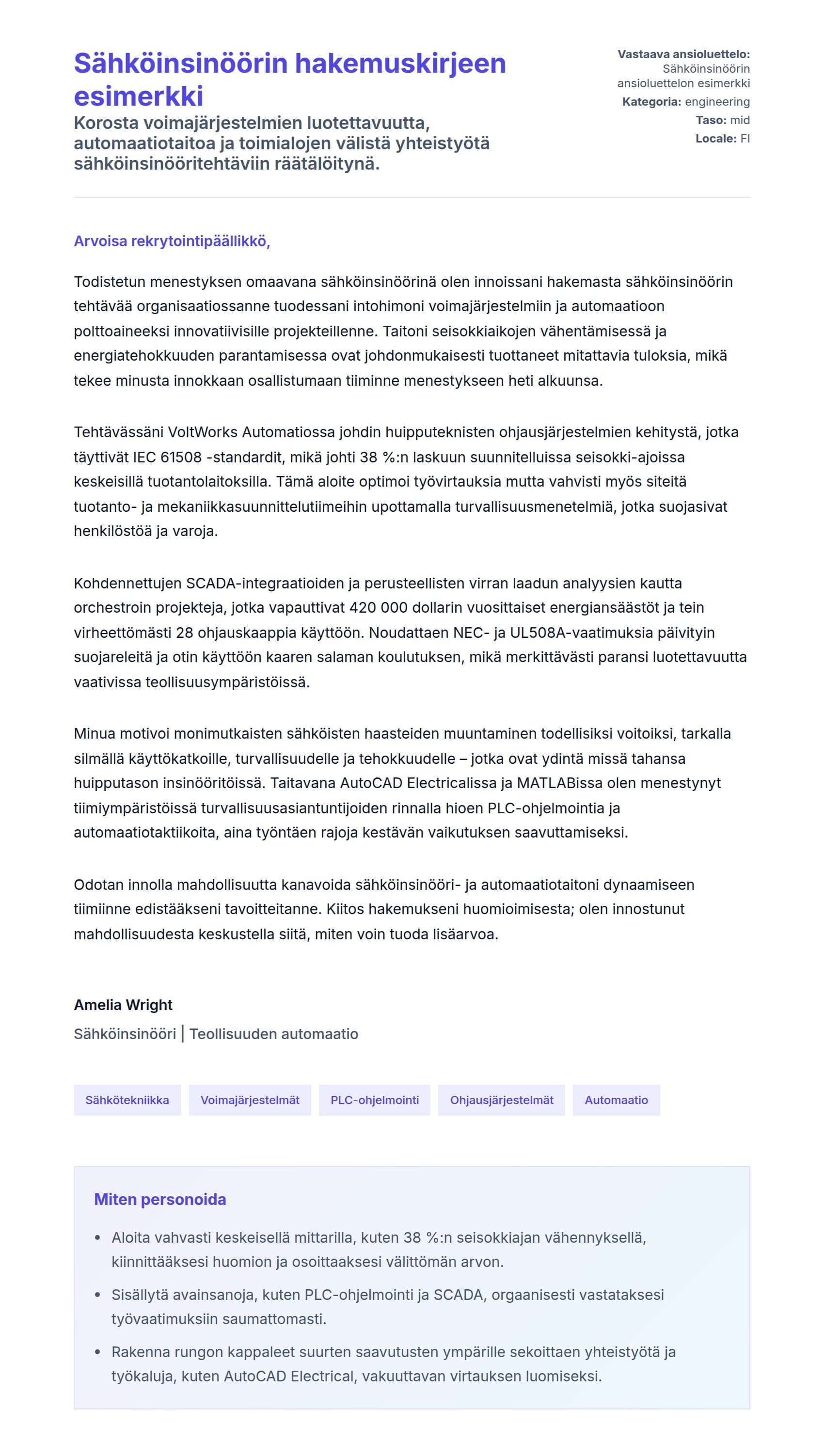 Työhakemuskirjeen esikatselu kohteelle Sähköinsinöörin hakemuskirjeen esimerkki