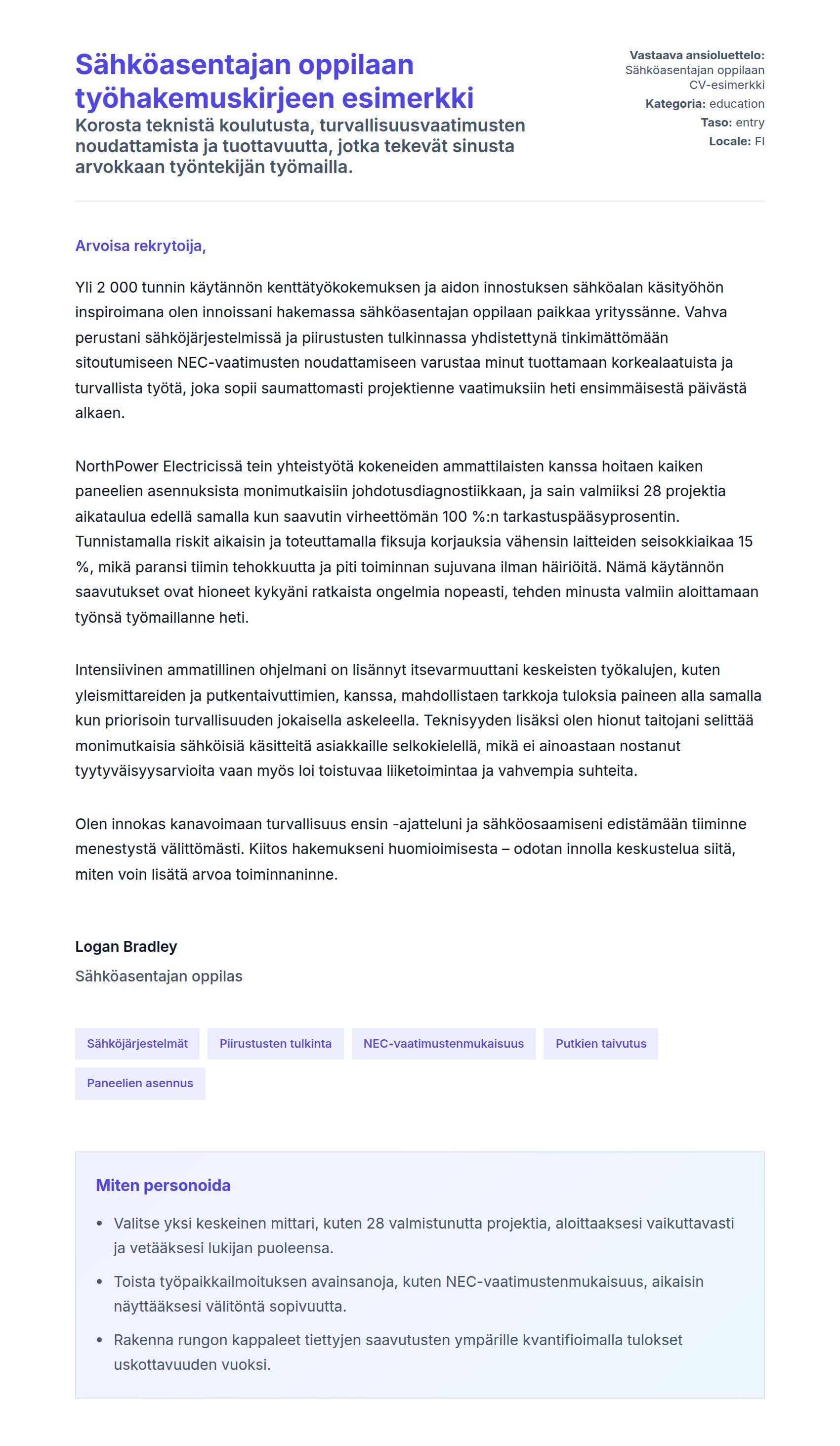 Työhakemuskirjeen esikatselu kohteelle Sähköasentajan oppilaan työhakemuskirjeen esimerkki