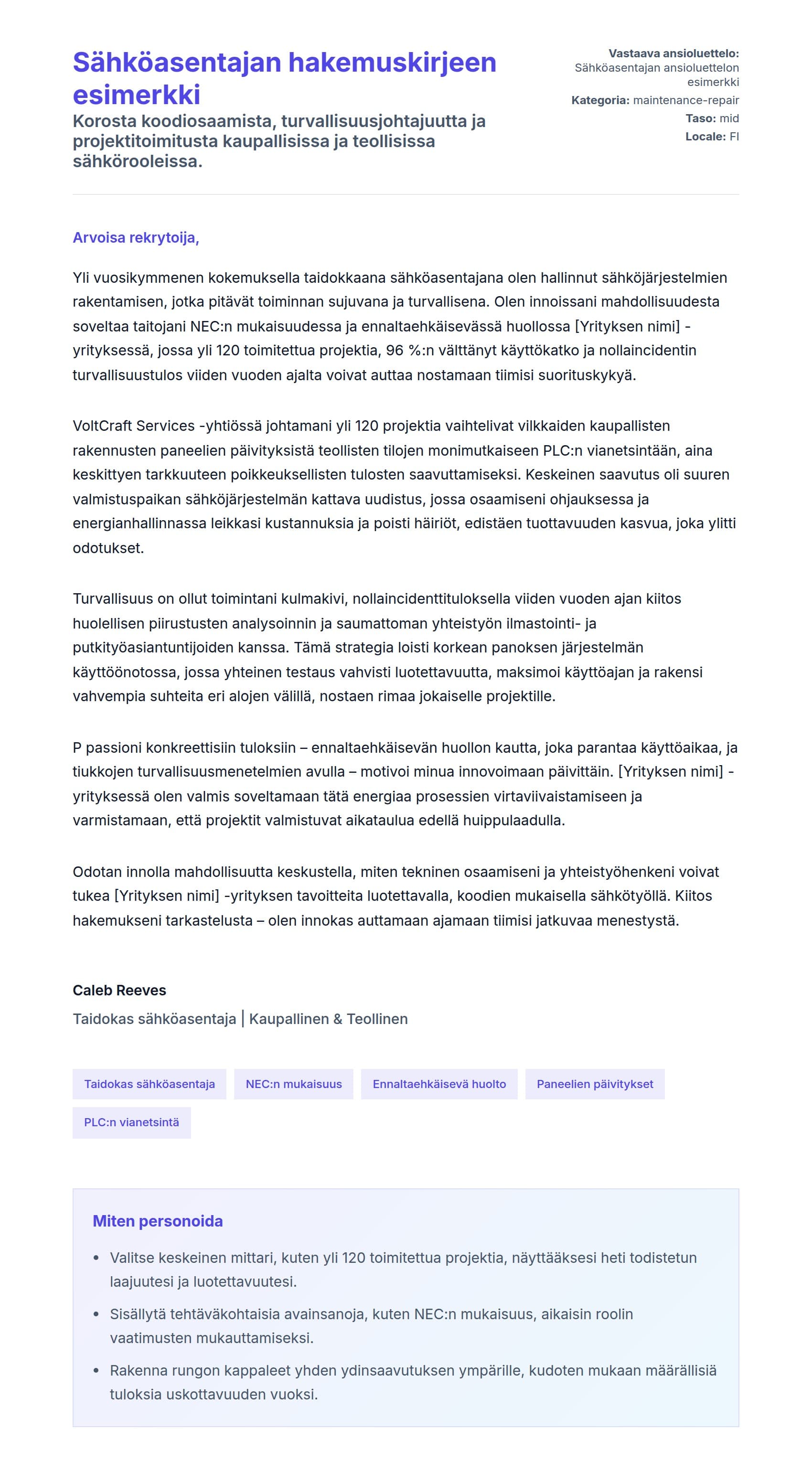 Työhakemuskirjeen esikatselu kohteelle Sähköasentajan hakemuskirjeen esimerkki