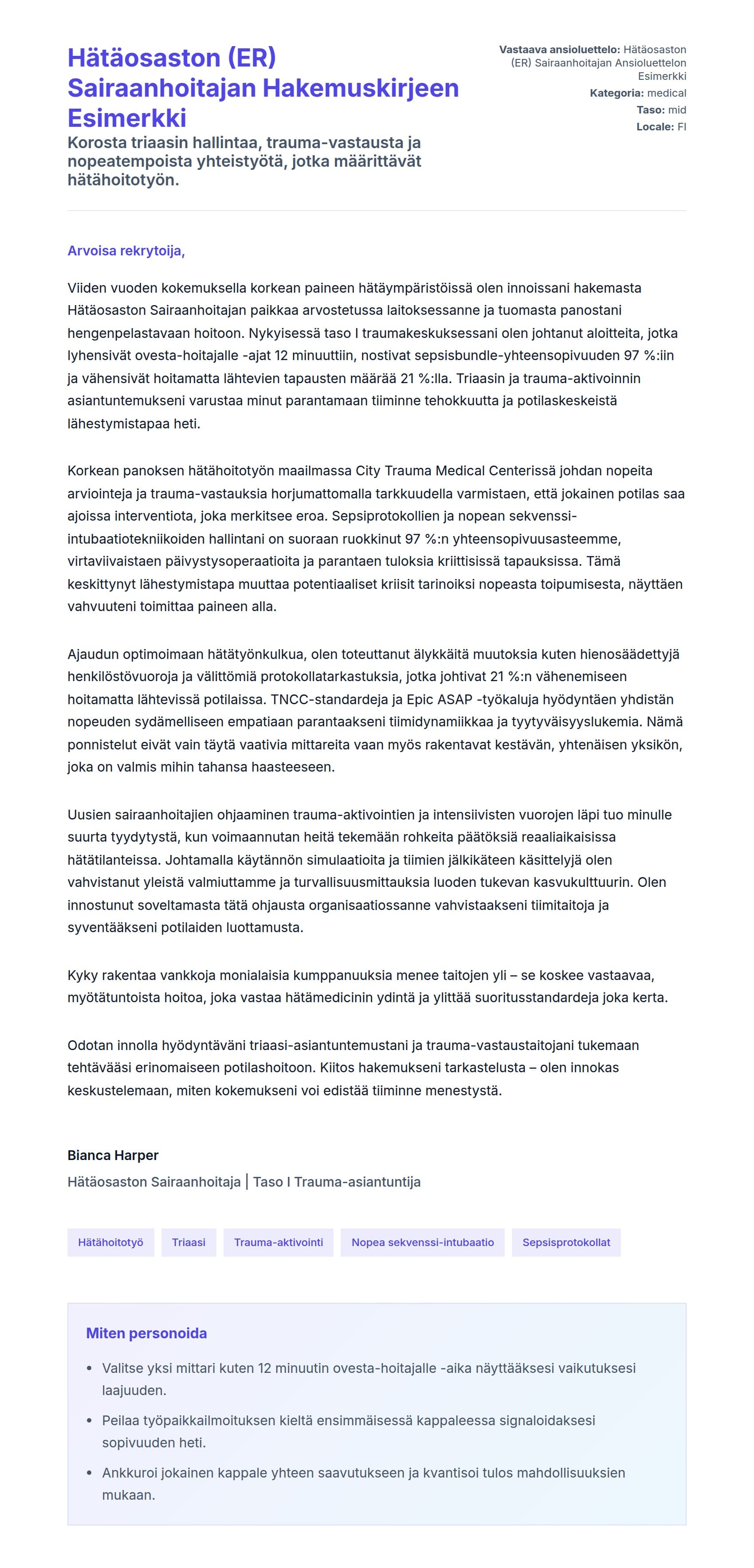 Työhakemuskirjeen esikatselu kohteelle Hätäosaston (ER) Sairaanhoitajan Hakemuskirjeen Esimerkki