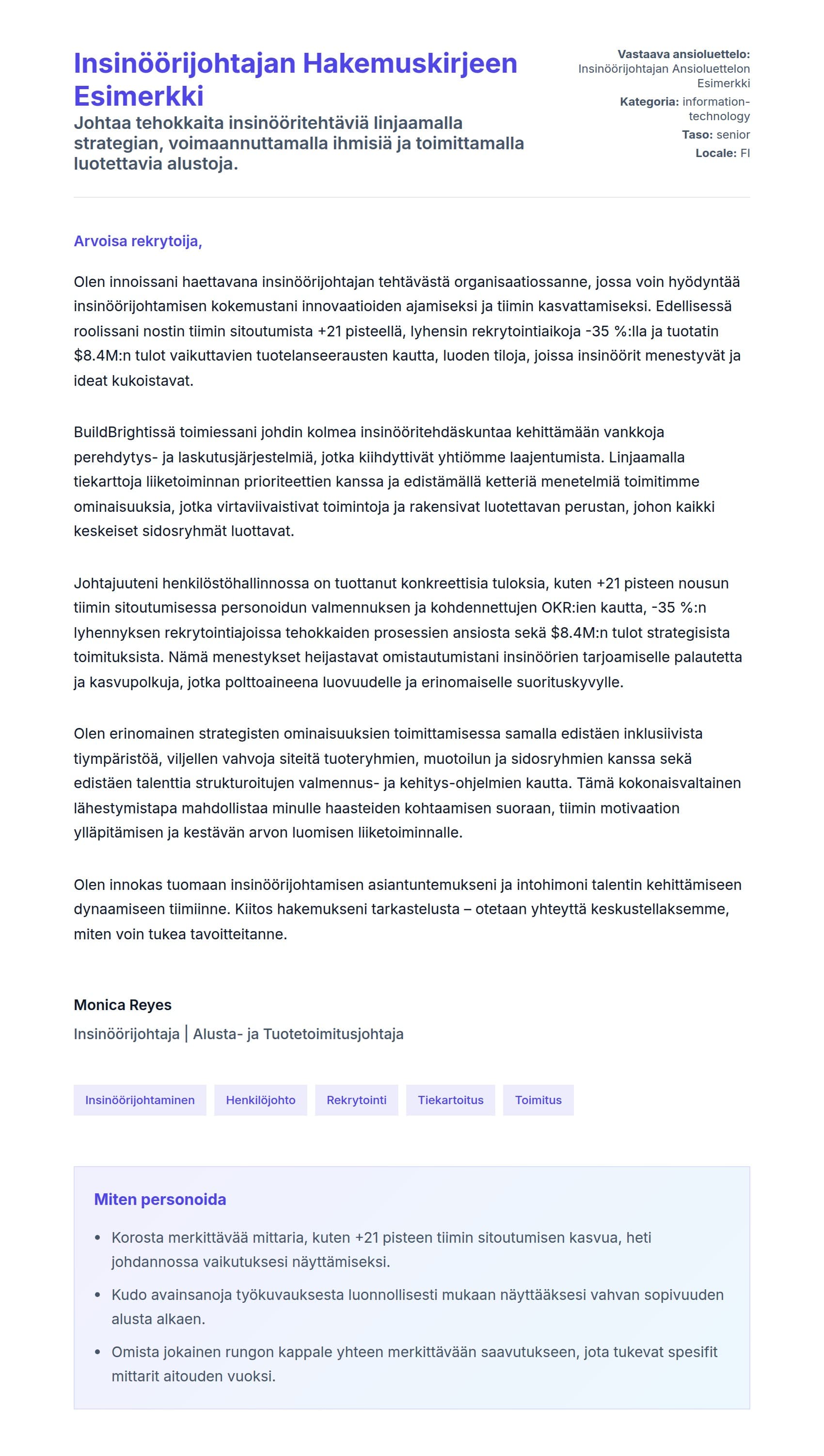 Työhakemuskirjeen esikatselu kohteelle Insinöörijohtajan Hakemuskirjeen Esimerkki
