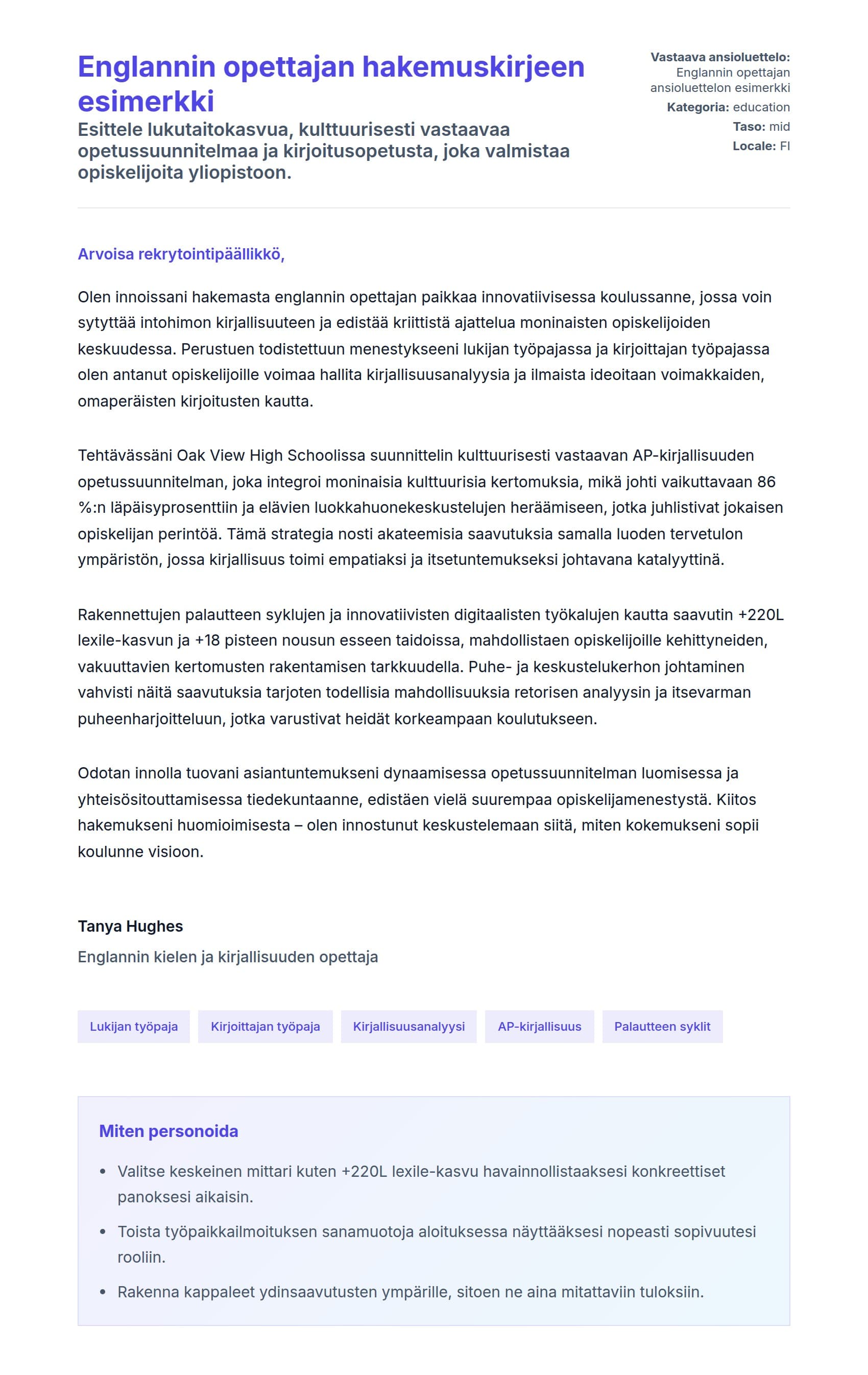 Työhakemuskirjeen esikatselu kohteelle Englannin opettajan hakemuskirjeen esimerkki