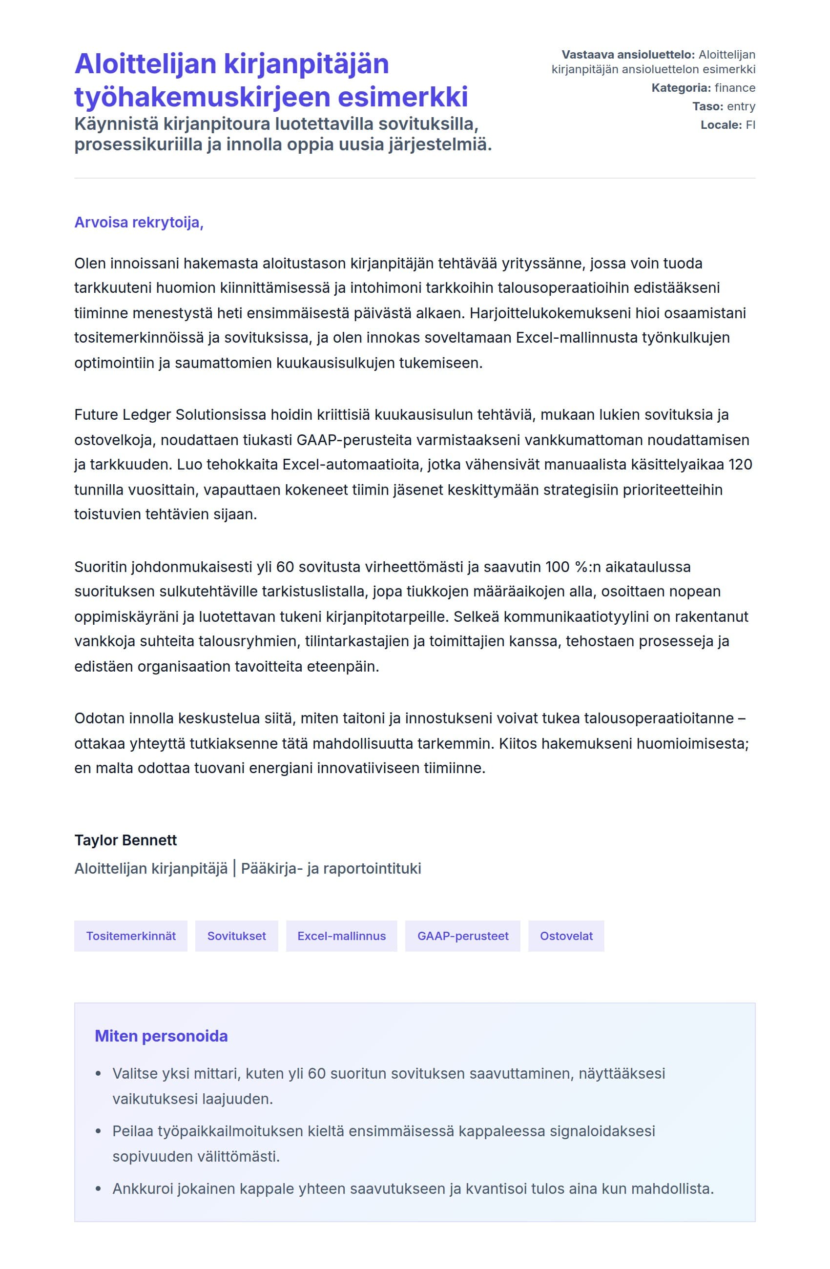 Työhakemuskirjeen esikatselu kohteelle Aloittelijan kirjanpitäjän työhakemuskirjeen esimerkki