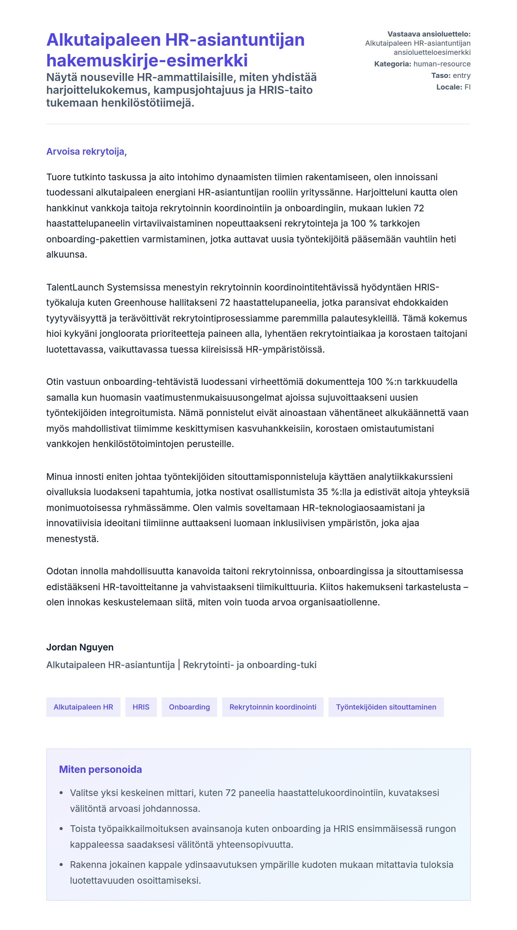 Työhakemuskirjeen esikatselu kohteelle Alkutaipaleen HR-asiantuntijan hakemuskirje-esimerkki